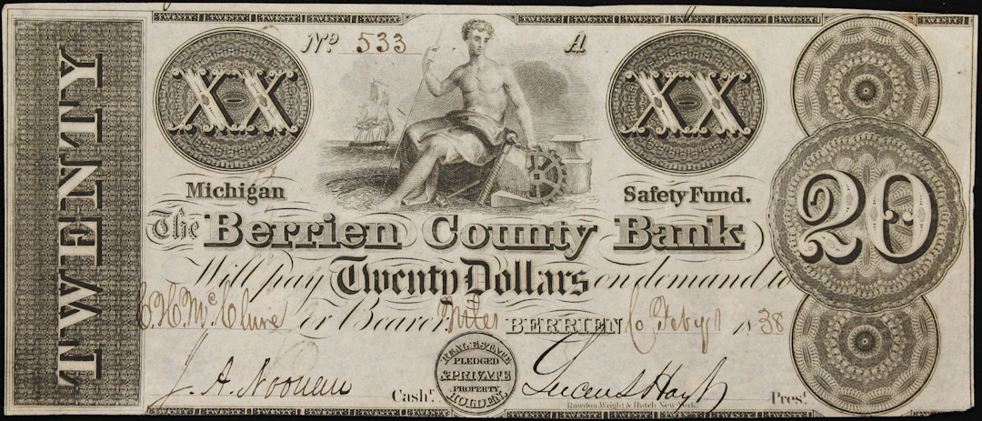 Berrien, Michigan. Berrien County Bank. 1838 $20. Very Fine to Extremely Fine.