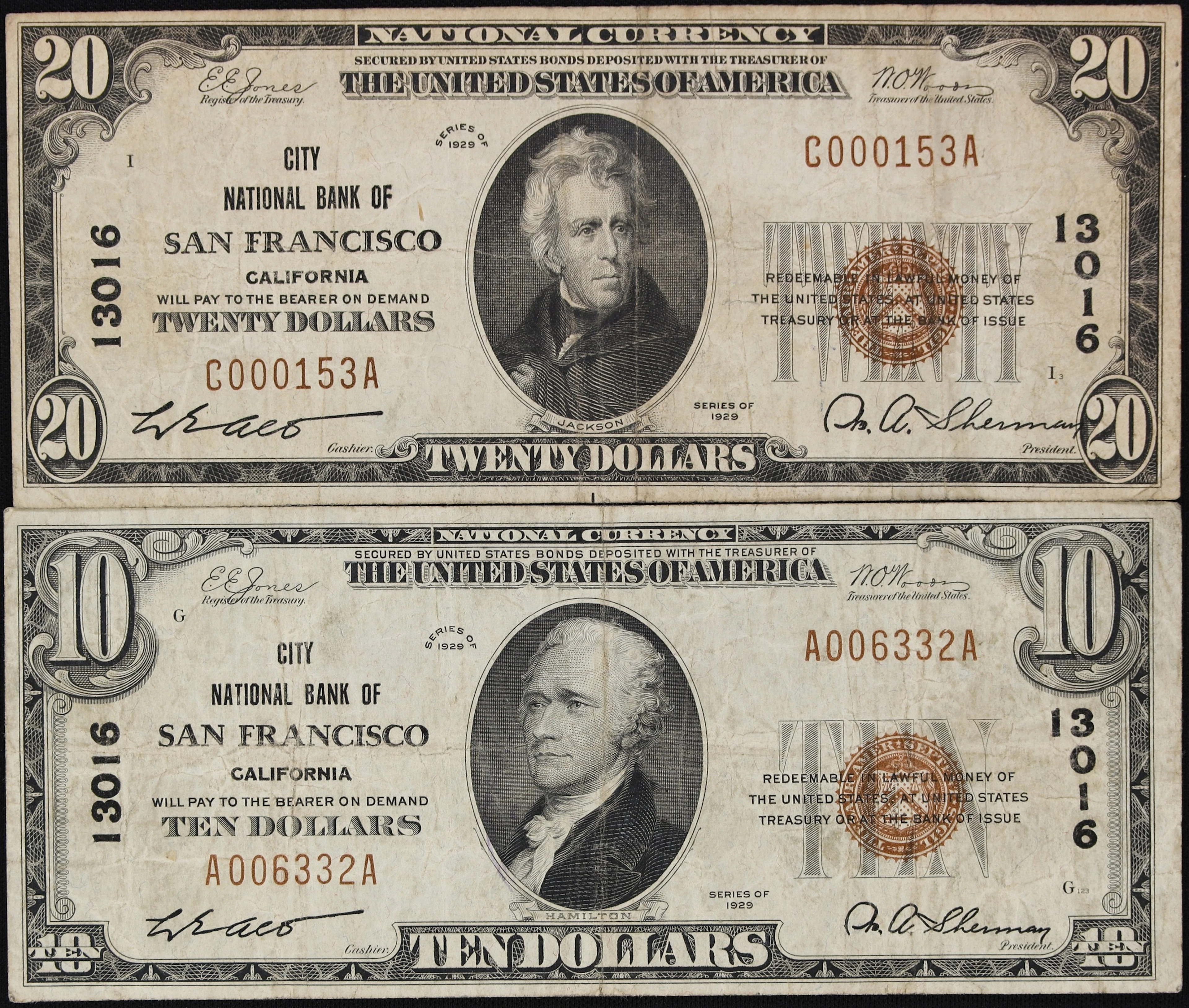Lot of (2) San Francisco, California. $10 & $20 1929 Ty. 1. Fr. 1801-1