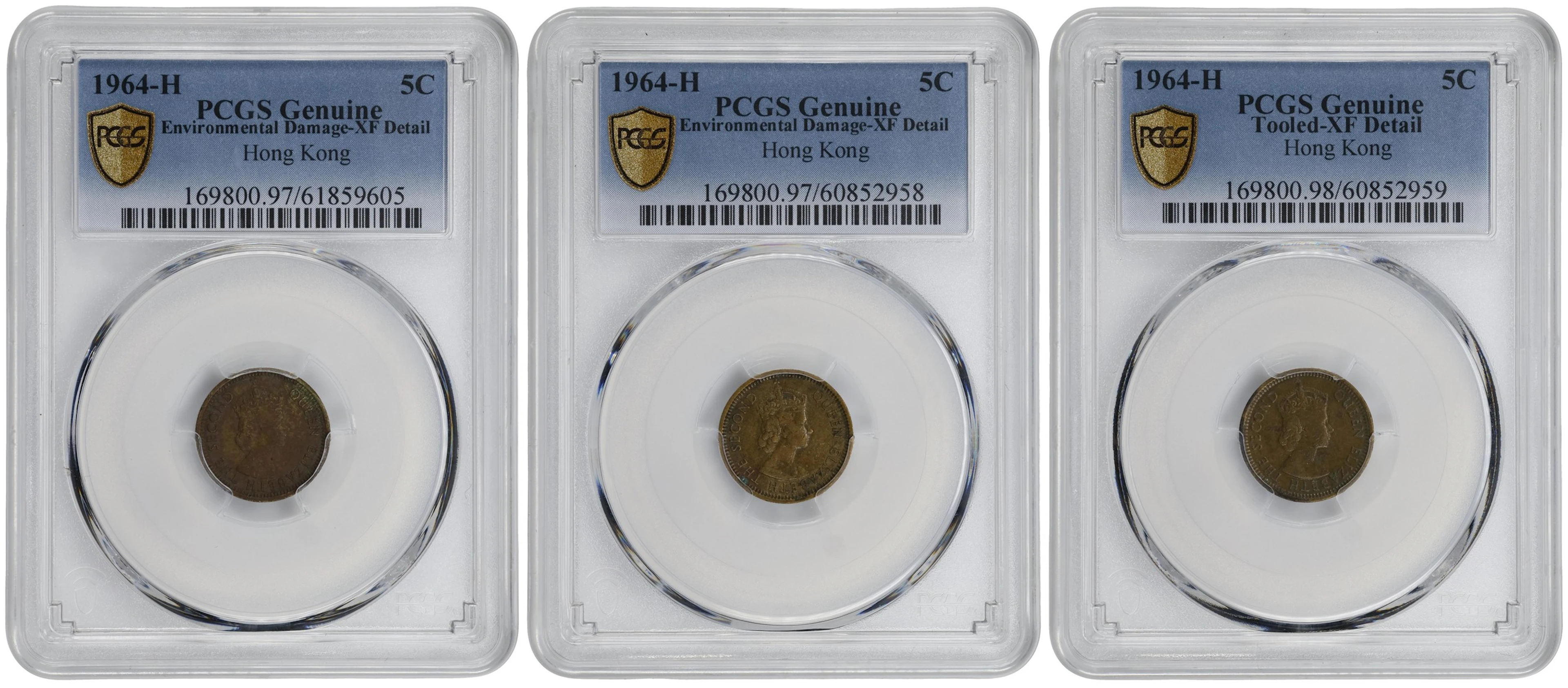 (t) HONG KONG (SAR). Trio of 5 Cents (3 Pieces), 1964-H. Birmingham