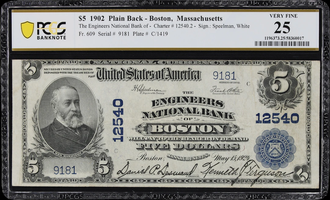 Boston, Massachusetts. $5 1902 Plain Back. Fr. 609. Engineers NB.