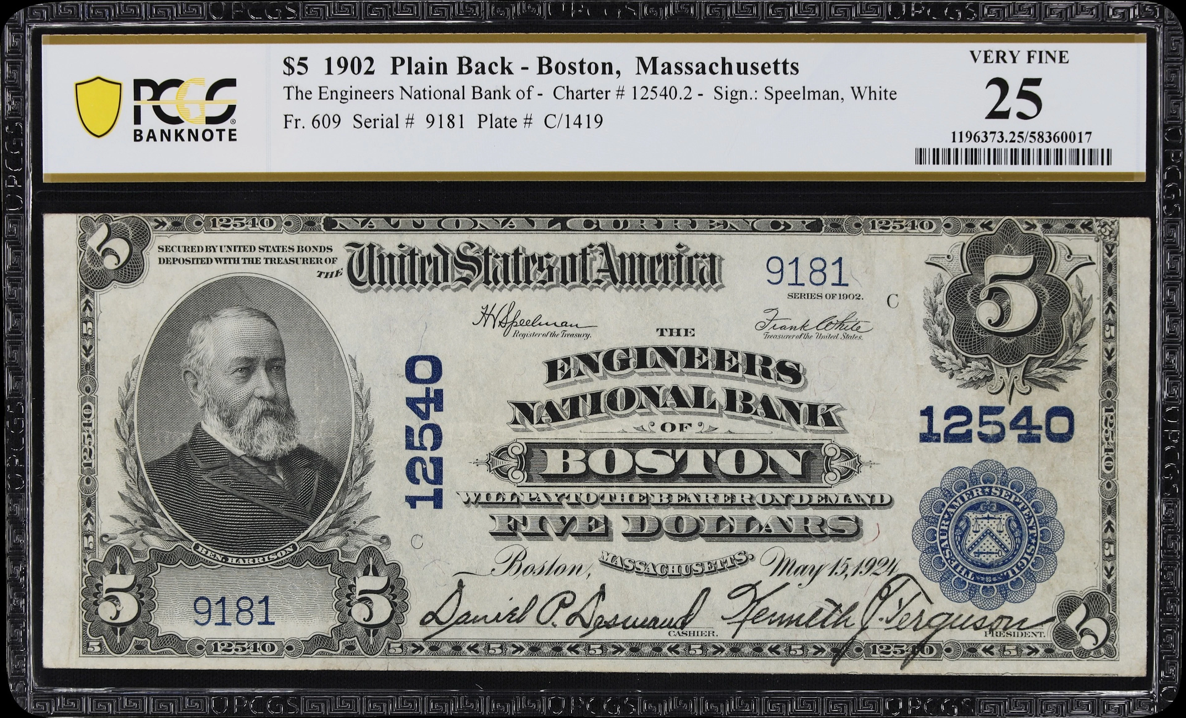 Boston, Massachusetts. $5 1902 Plain Back. Fr. 609. Engineers NB.