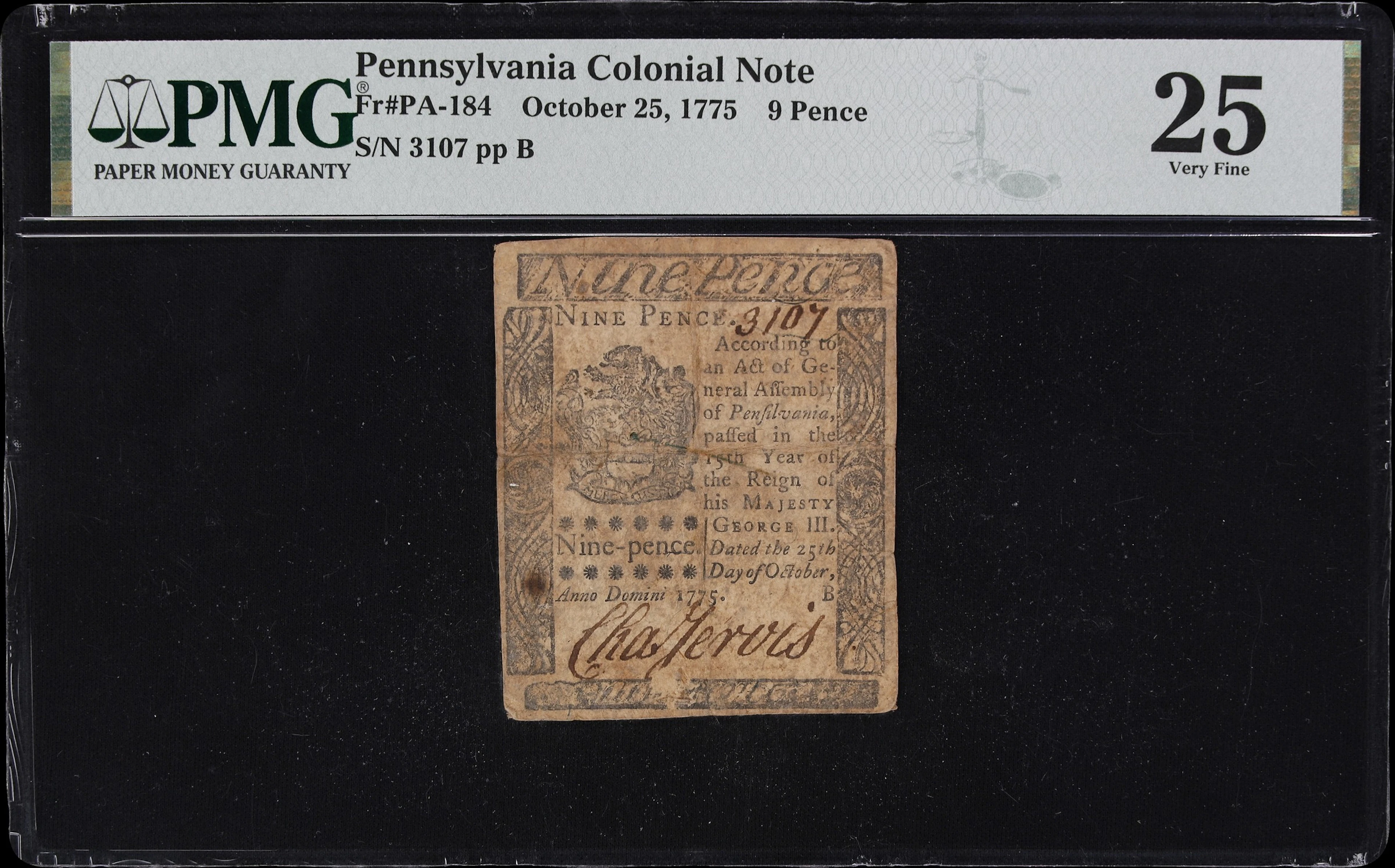 PA-184. Pennsylvania. October 25, 1775. 9 Pence. PMG Very Fine 25.