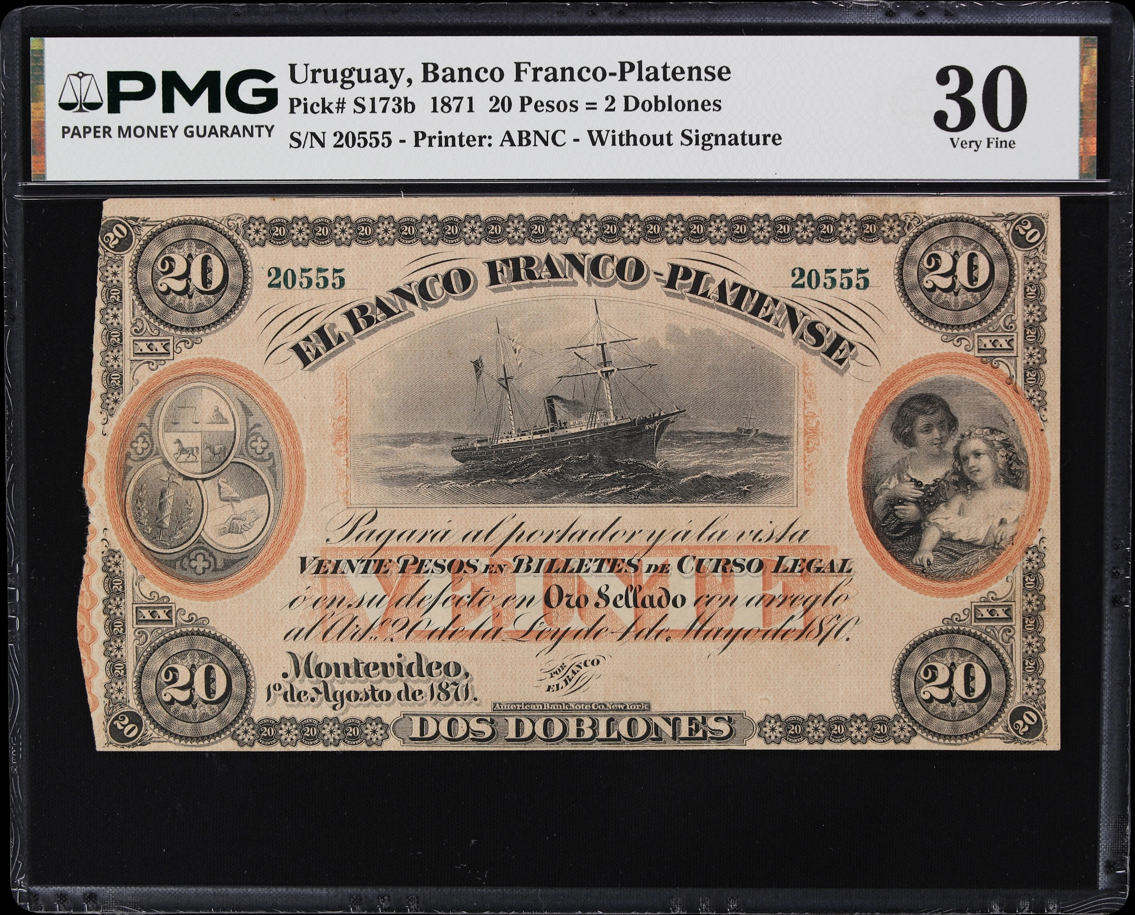 URUGUAY. Banco Franco-Platense. 20 Pesos = 2 Doblones, 1.8.1871. P-S173b.