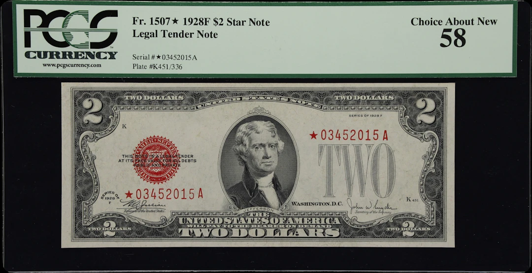 Fr. 1507*. 1928F $2 Legal Tender Star Note. PCGS Currency Choice About New 58.