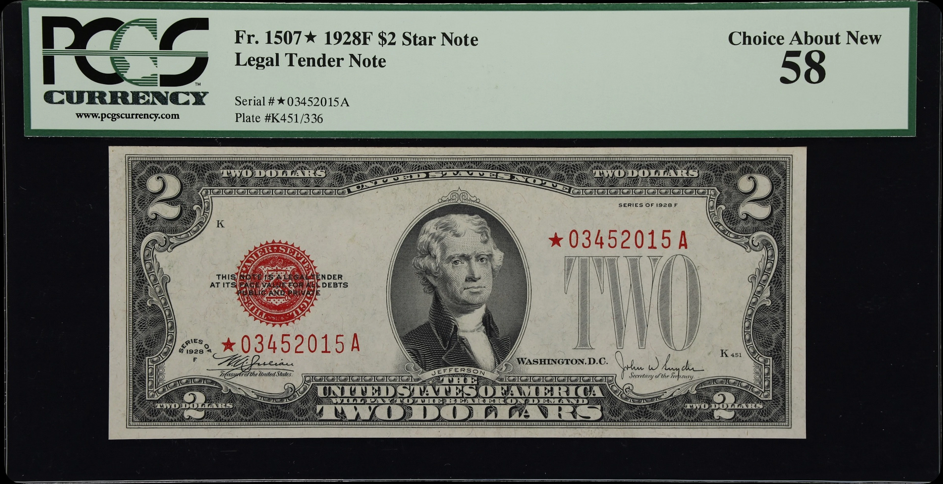 Fr. 1507*. 1928F $2 Legal Tender Star Note. PCGS Currency Choice About New 58.