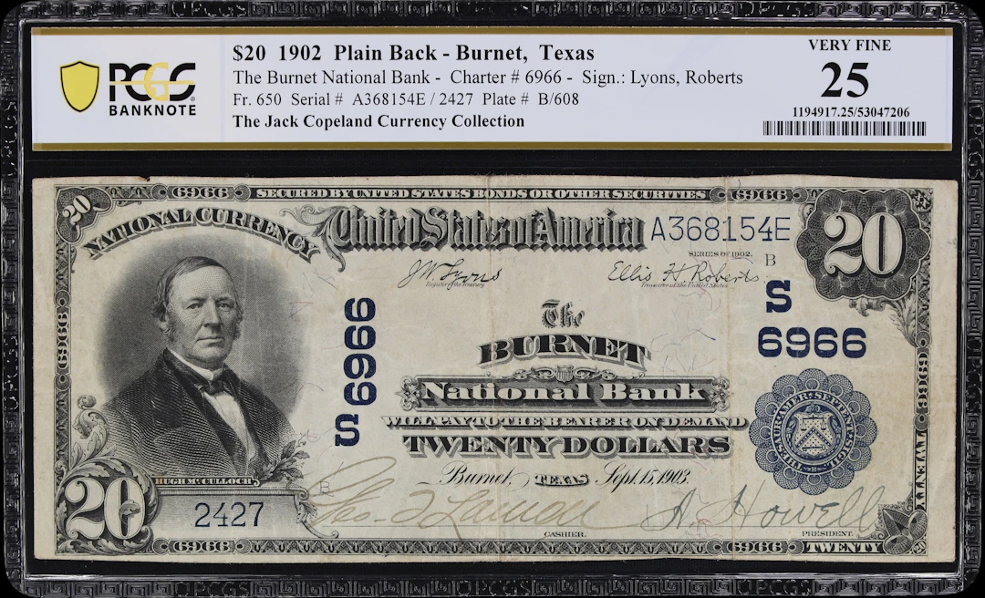Burnet, Texas. $20 1902 Plain Back. Fr. 650. Burnet NB. Charter #6966.