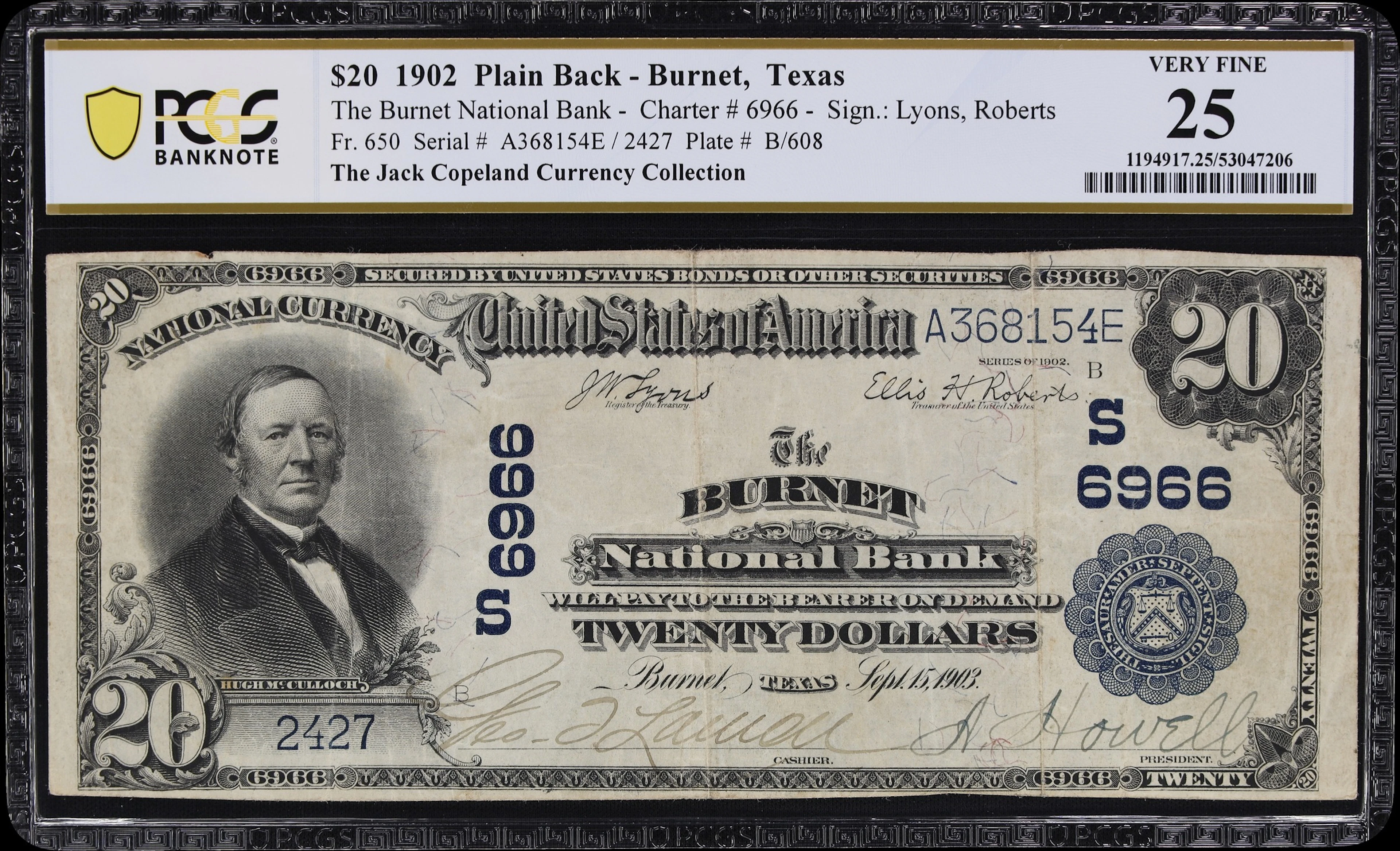 Burnet, Texas. $20 1902 Plain Back. Fr. 650. Burnet NB. Charter #6966.