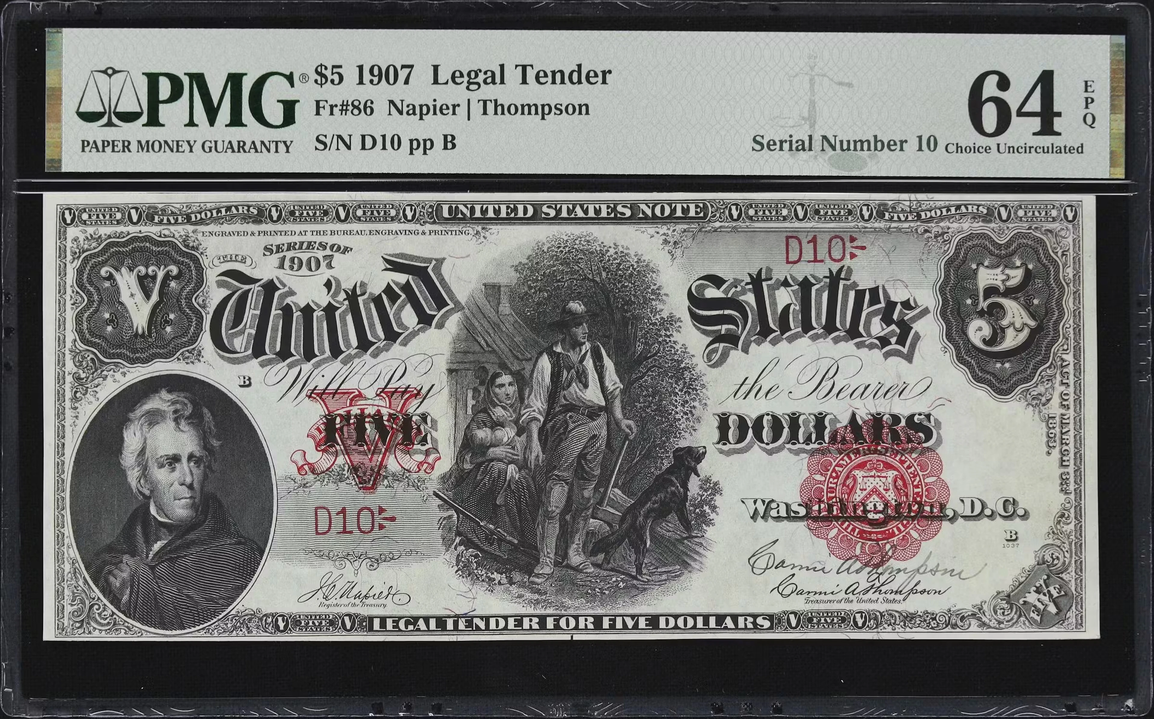 Fr. 86. 1907 $5 Legal Tender Note. PMG Choice Uncirculated 64 EPQ.