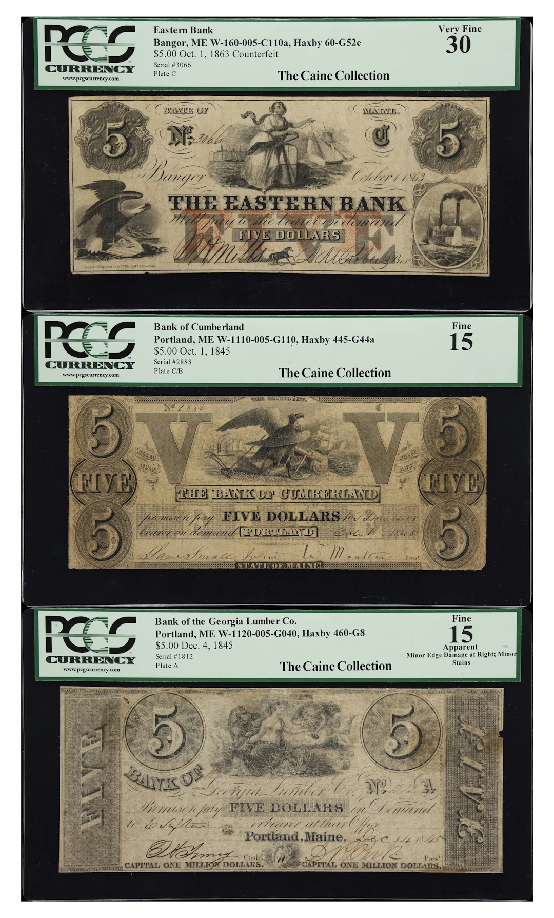 Lot of (3) Bangor & Portland, Maine. Mixed Issuers. 1845-63 $5. PCGS