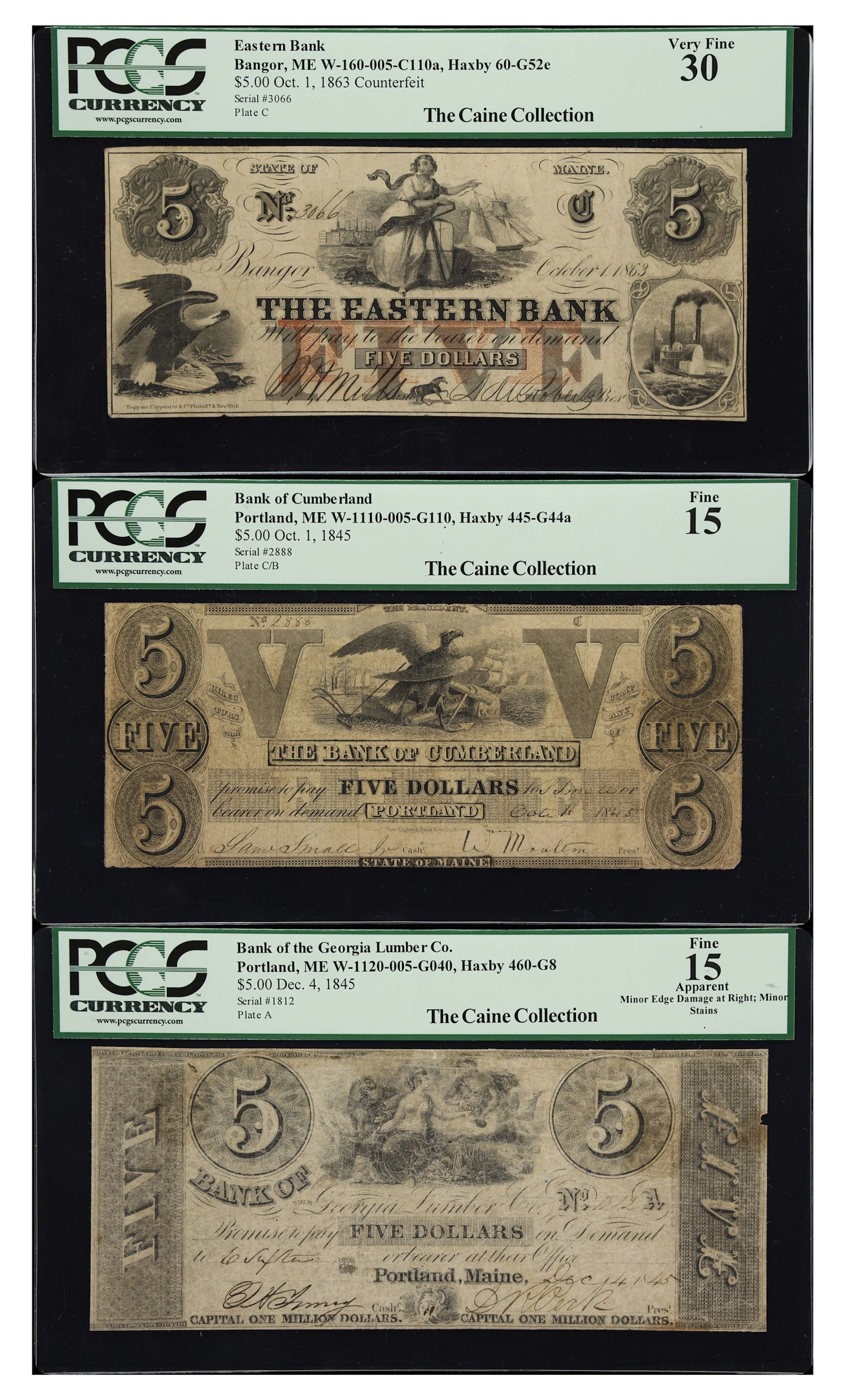Lot of (3) Bangor & Portland, Maine. Mixed Issuers. 1845-63 $5. PCGS