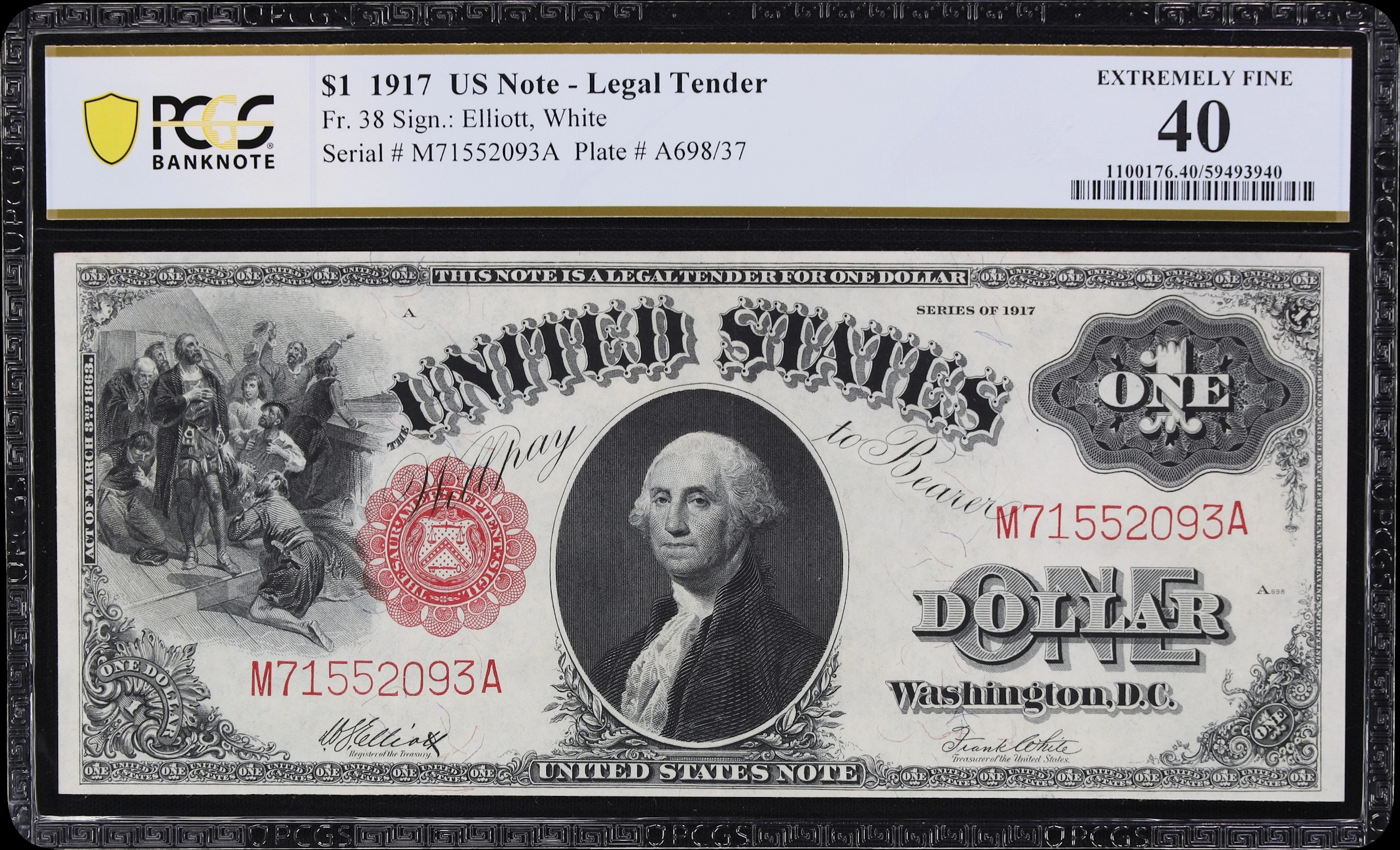 Fr. 38. 1917 $1 Legal Tender Note. PCGS Banknote Extremely Fine 40.