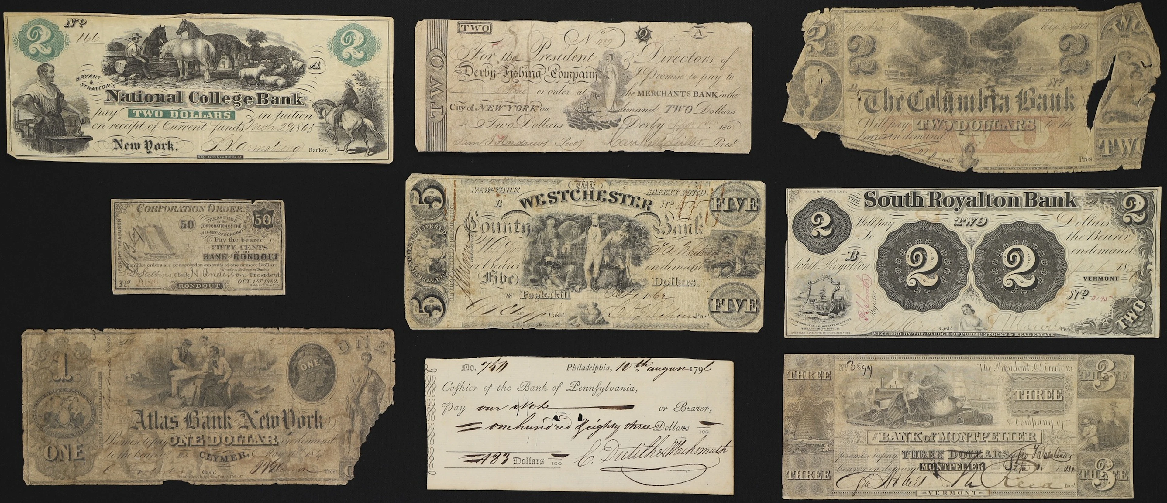 Lot of (8) New York, Pennsylvania, & Vermont Obsoletes. 1796 - 1860s