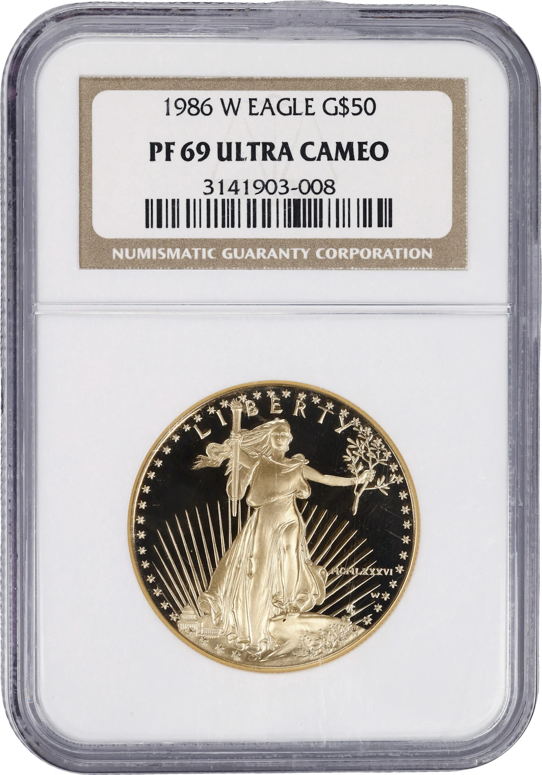 (1 oz, 31.104 g AGW). 1986-W American Gold Eagle $50. PF-69 Ultra Cameo (NGC).