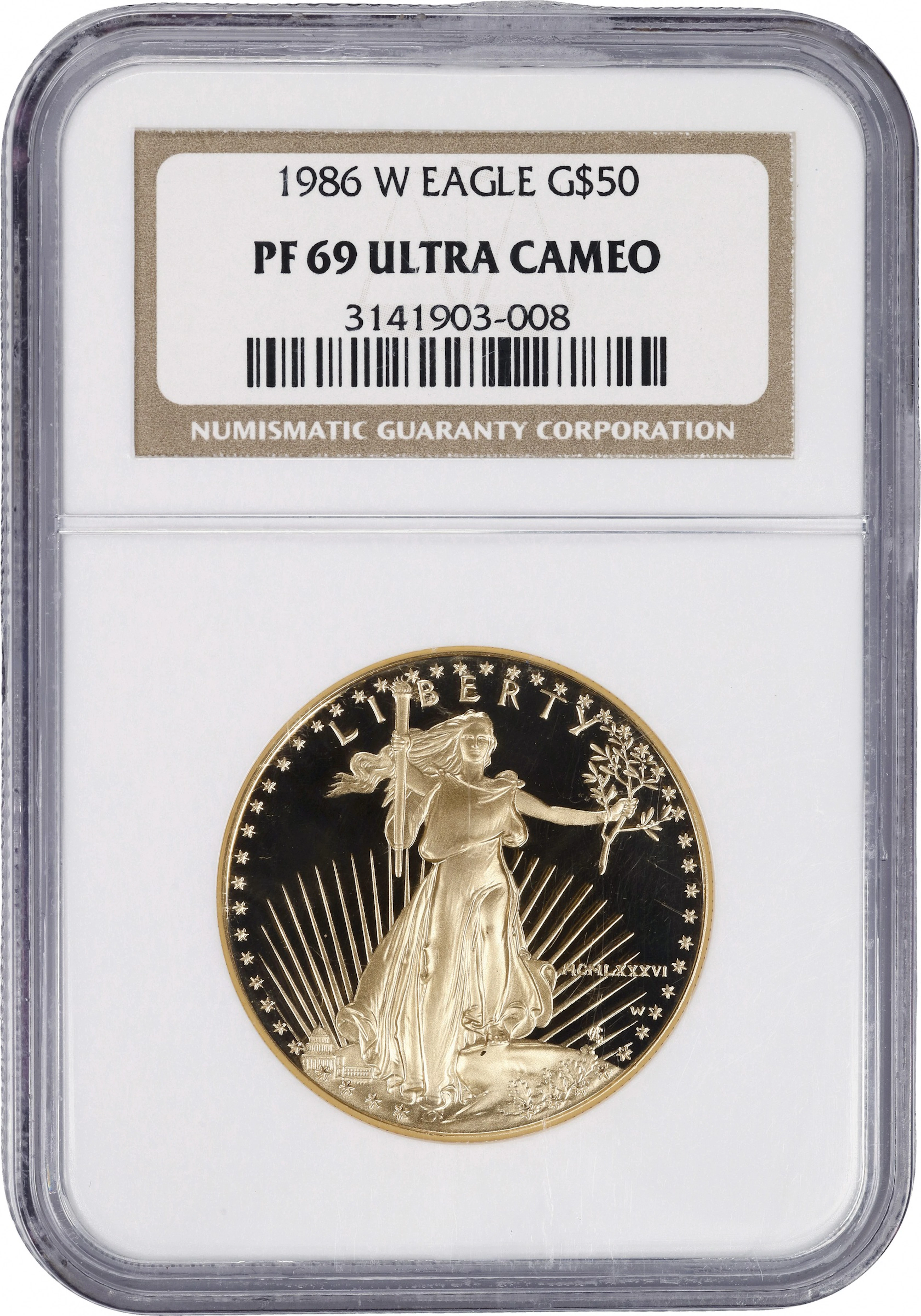 (1 oz, 31.104 g AGW). 1986-W American Gold Eagle $50. PF-69 Ultra Cameo (NGC).