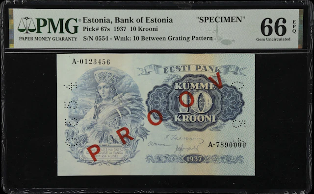 (◊) ESTONIA. Bank of Estonia. 10 Krooni, 3.5.1937. P-67s. Specimen.