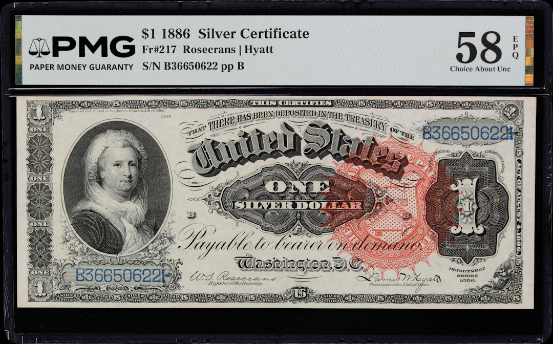 Fr. 217. 1886 $1 Silver Certificate. PMG Choice About Uncirculated 58 EPQ.