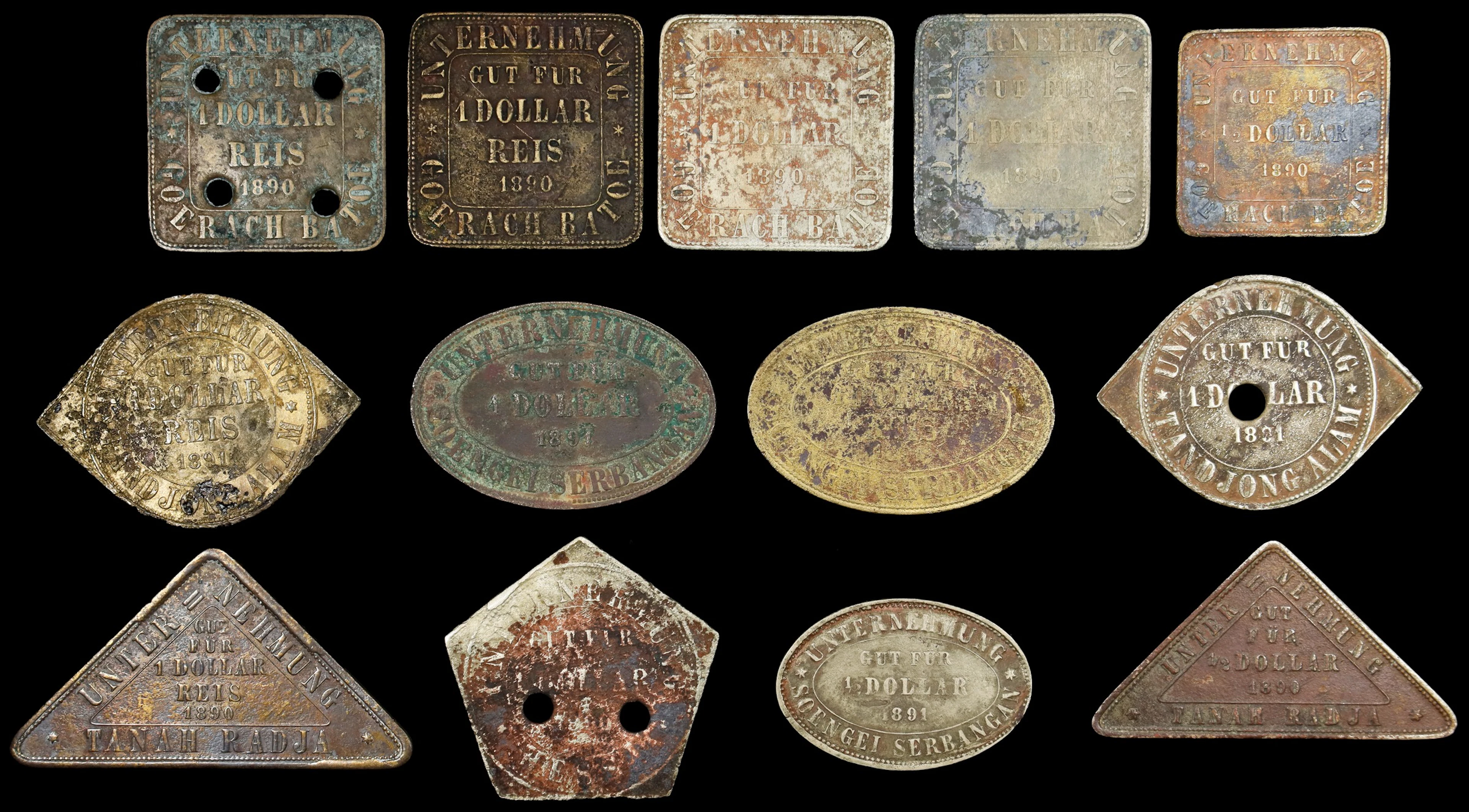NETHERLANDS EAST INDIES. Group of Plantation Tokens (13 Pieces), 1890