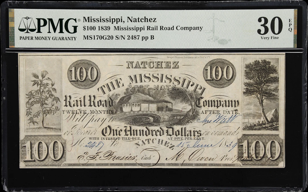 Natchez, Mississippi. Mississippi Rail Road Company. 1839 $100. PMG