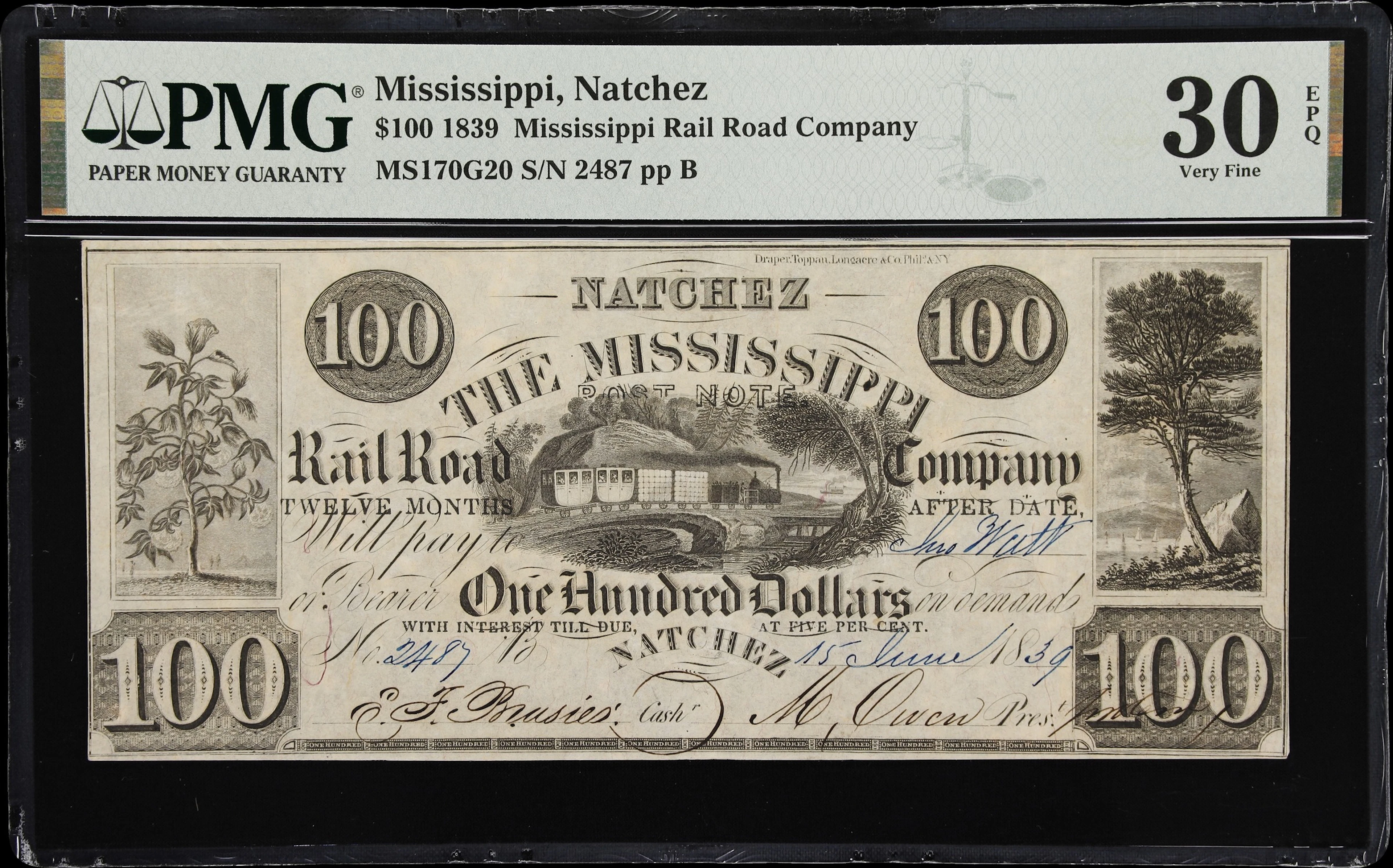 Natchez, Mississippi. Mississippi Rail Road Company. 1839 $100. PMG