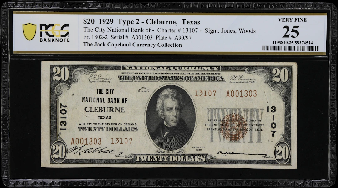 Cleburne, Texas. $20 1929 Ty. 2. Fr. 1802-2. City NB. Charter #13107.