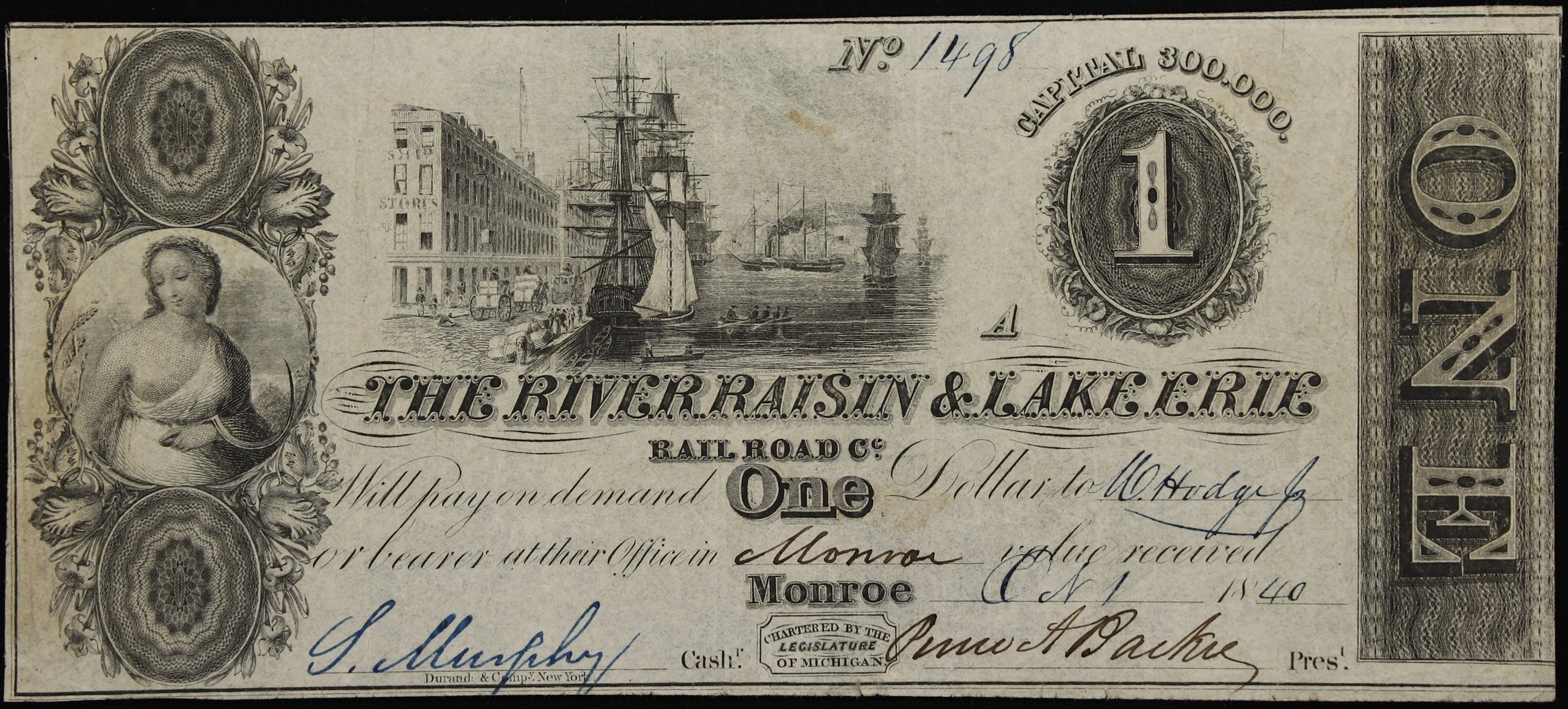 Monroe, Michigan. River Raisin & Lake Erie Rail Road Company. 1840