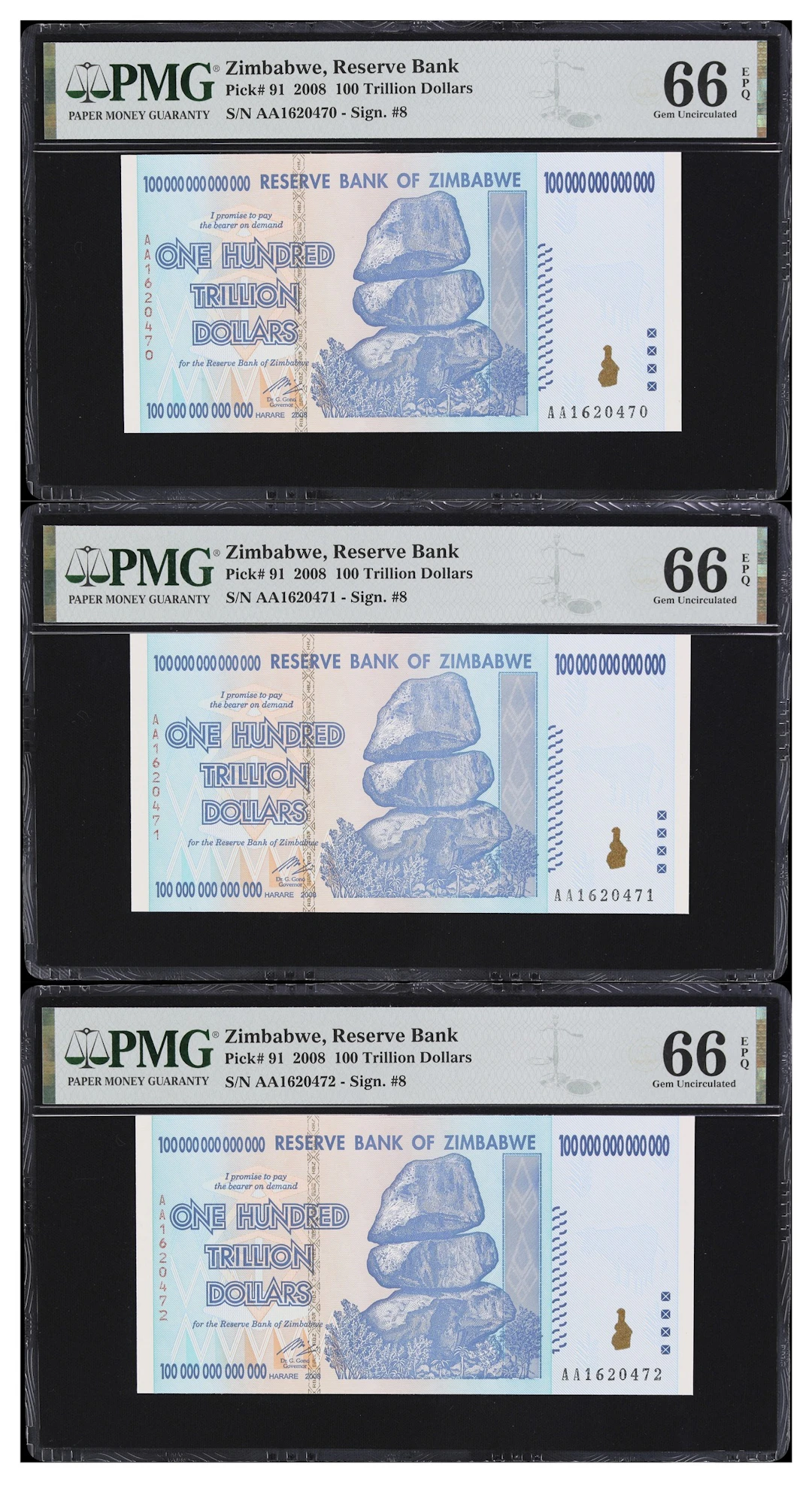 ZIMBABWE. Lot of (3). Reserve Bank of Zimbabwe. 100 Trillion Dollars