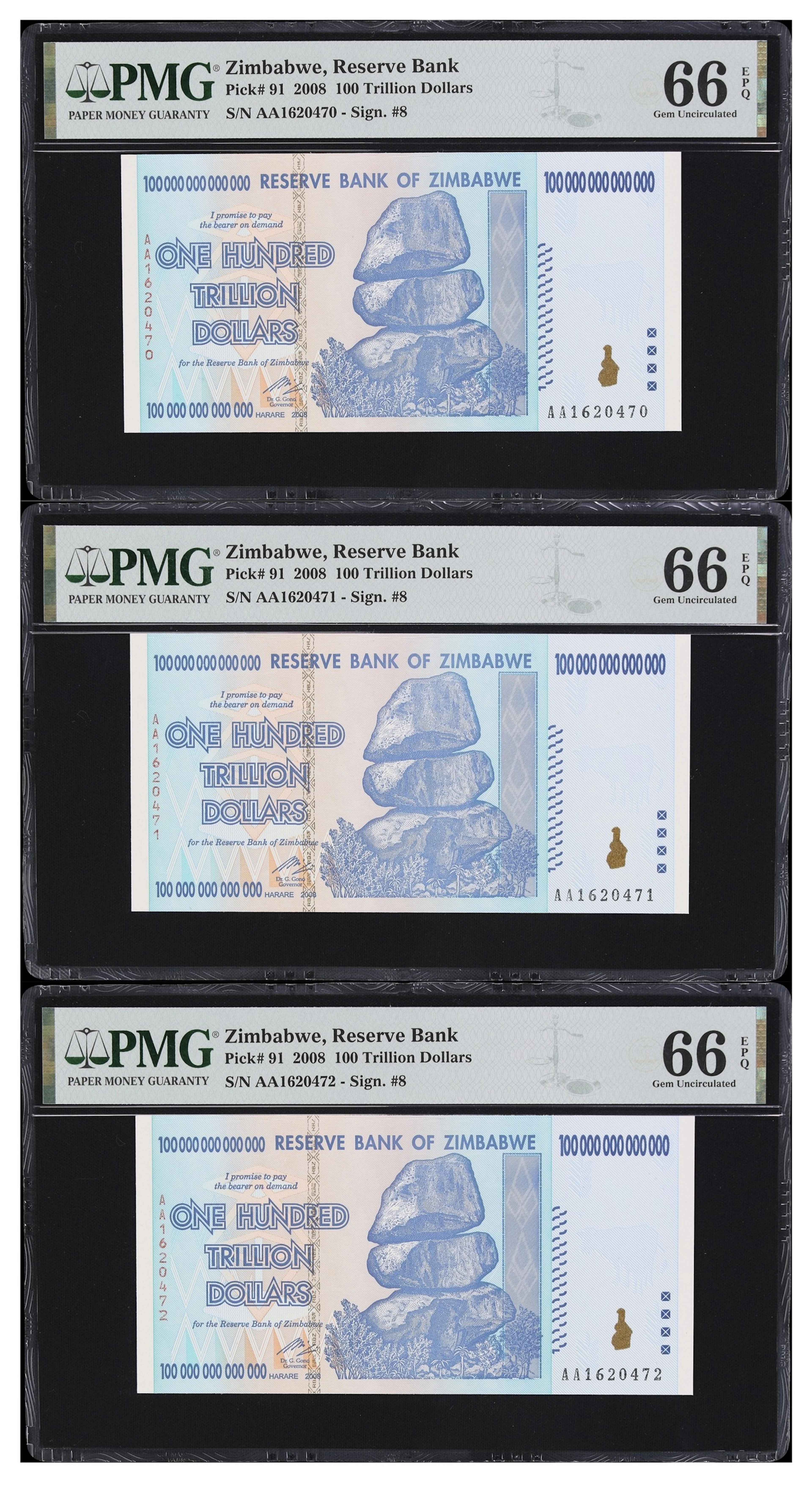 ZIMBABWE. Lot of (3). Reserve Bank of Zimbabwe. 100 Trillion Dollars