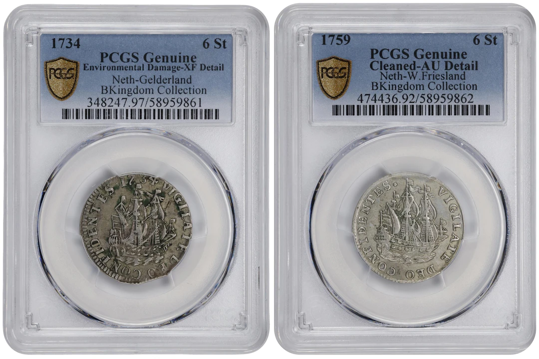 NETHERLANDS. Duo of 6 Stuivers (2 Pieces), 1734 & 1759. Both PCGS Certified.