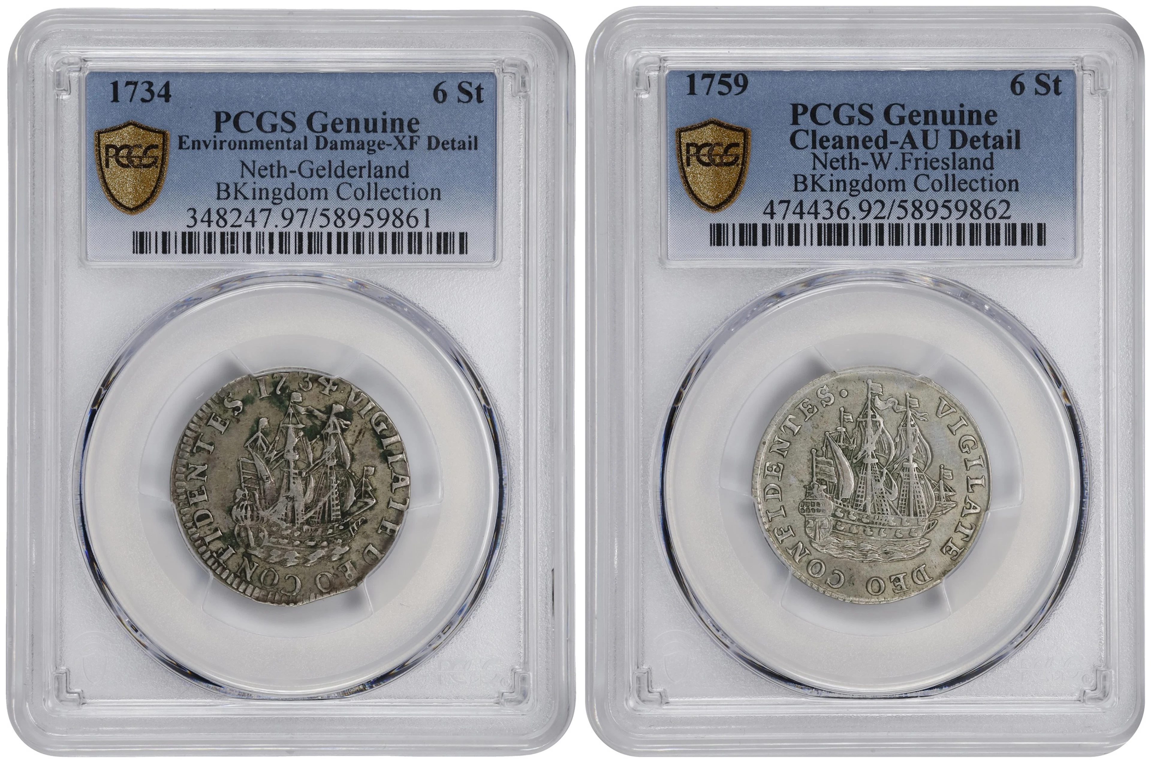 NETHERLANDS. Duo of 6 Stuivers (2 Pieces), 1734 & 1759. Both PCGS Certified.