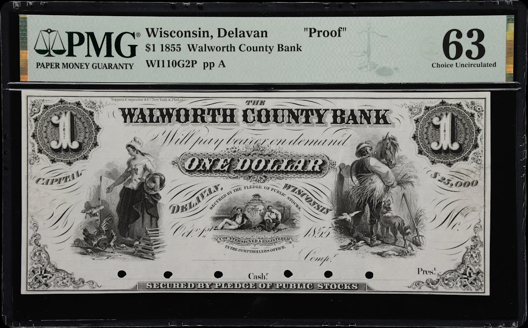 Delavan, Wisconsin. Walworth County Bank. 1855 $1. PMG Choice Uncirculated