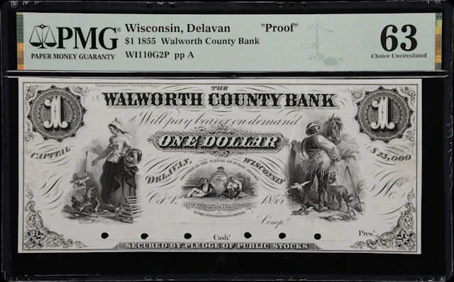 Delavan, Wisconsin. Walworth County Bank. 1855 $1. PMG Choice Uncirculated