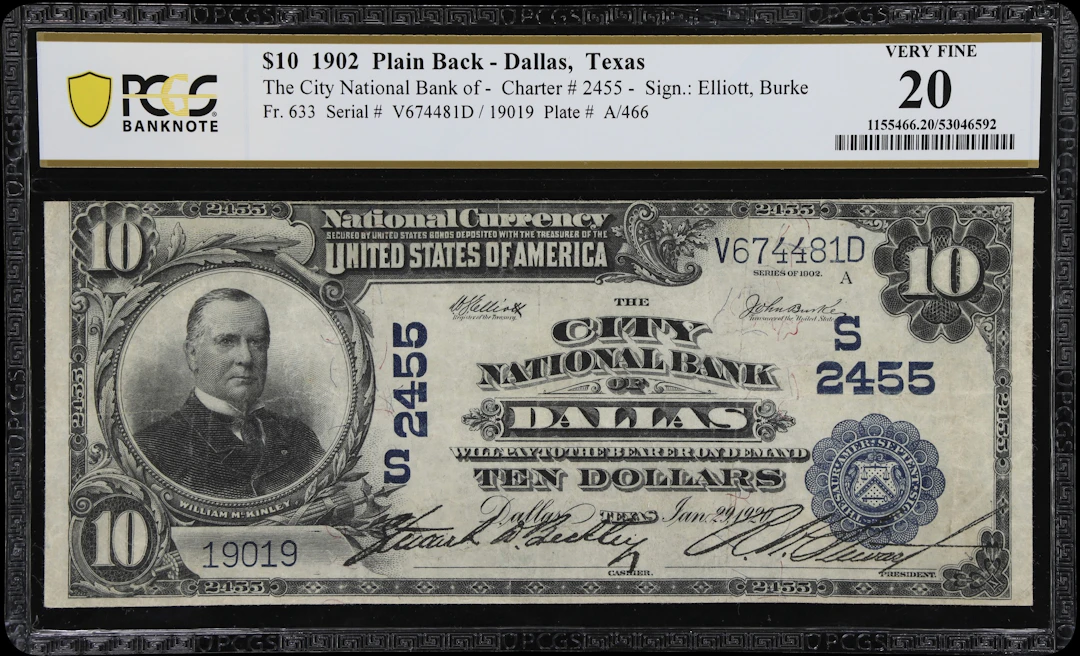 Dallas, Texas. $10 1902 Plain Back. Fr. 633. City NB. Charter #2455.