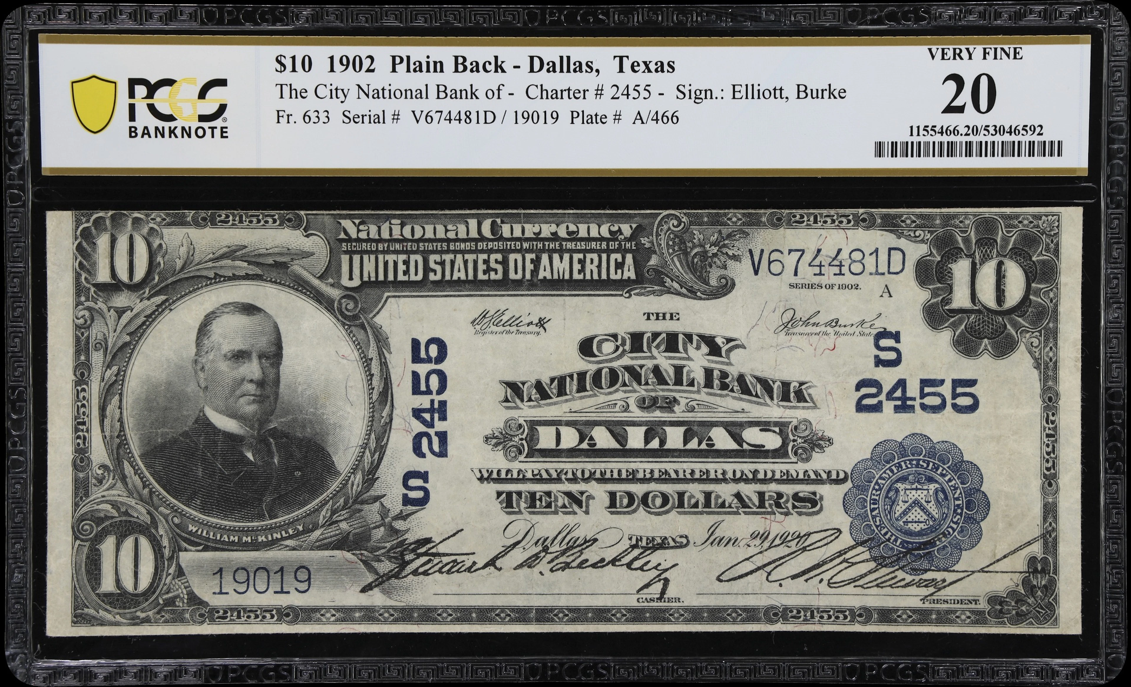 Dallas, Texas. $10 1902 Plain Back. Fr. 633. City NB. Charter #2455.
