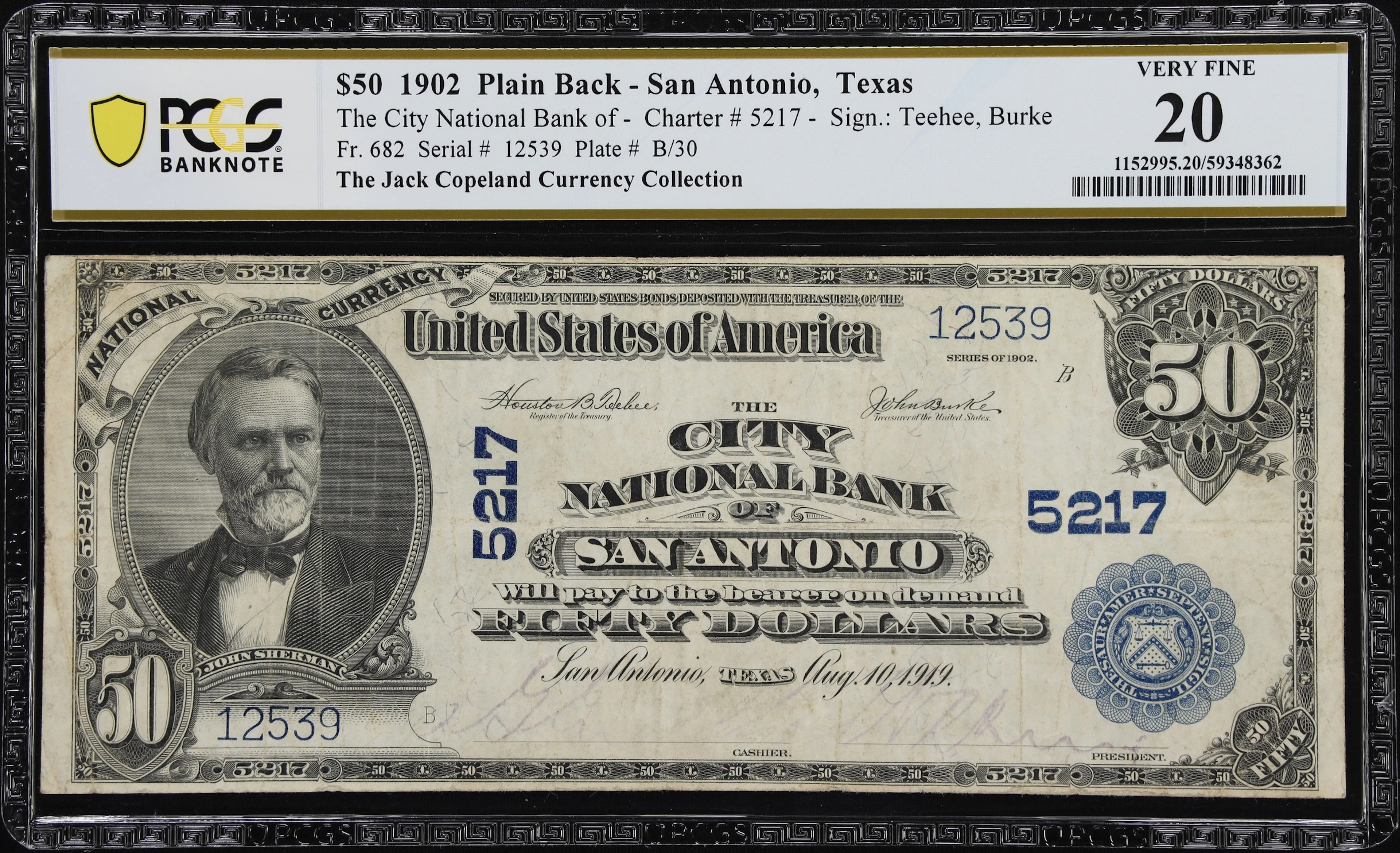 San Antonio, Texas. $50 1902 Plain Back. Fr. 682. City NB. Charter
