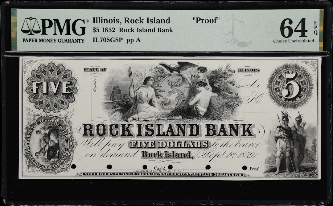 Rock Island, Illinois. Rock Island Bank. 1852 $5. PMG Choice Uncirculated