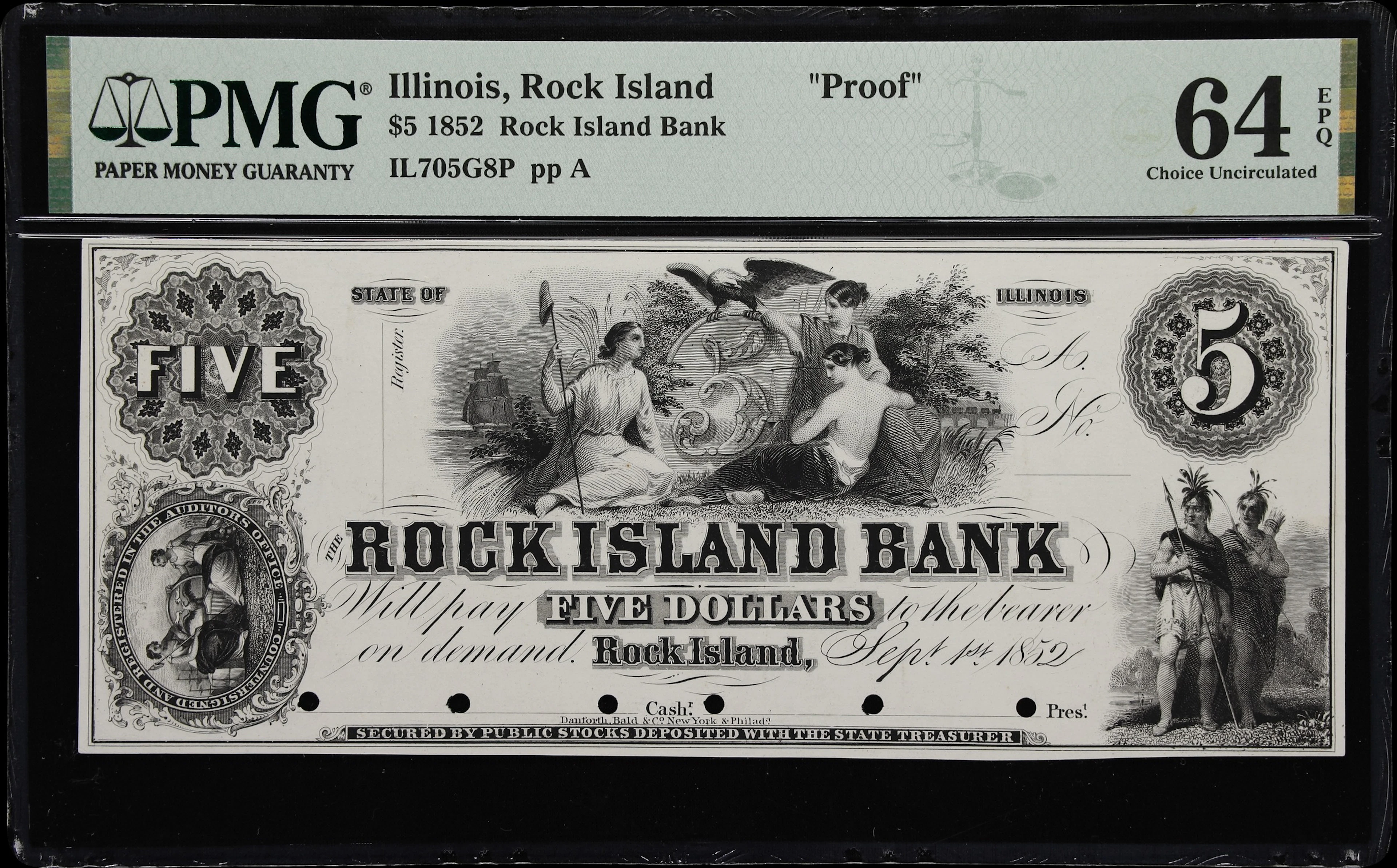 Rock Island, Illinois. Rock Island Bank. 1852 $5. PMG Choice Uncirculated
