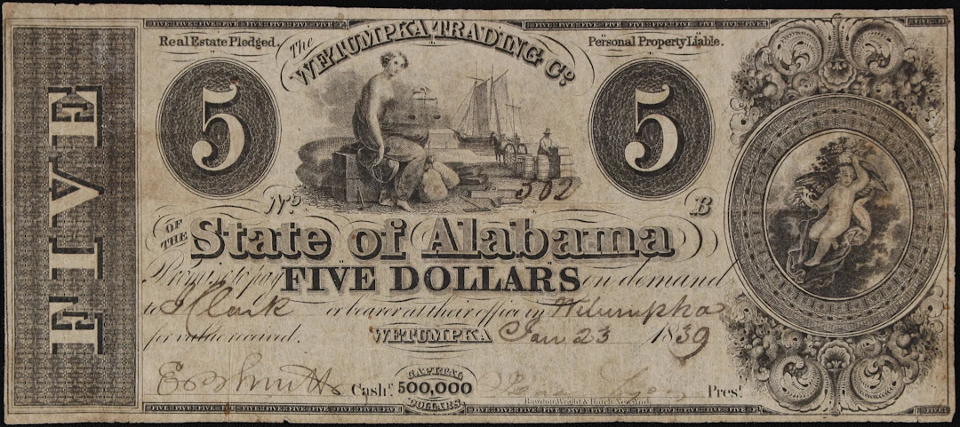 Wetumpka, Alabama. State of Alabama. 1839 $5. Very Fine.