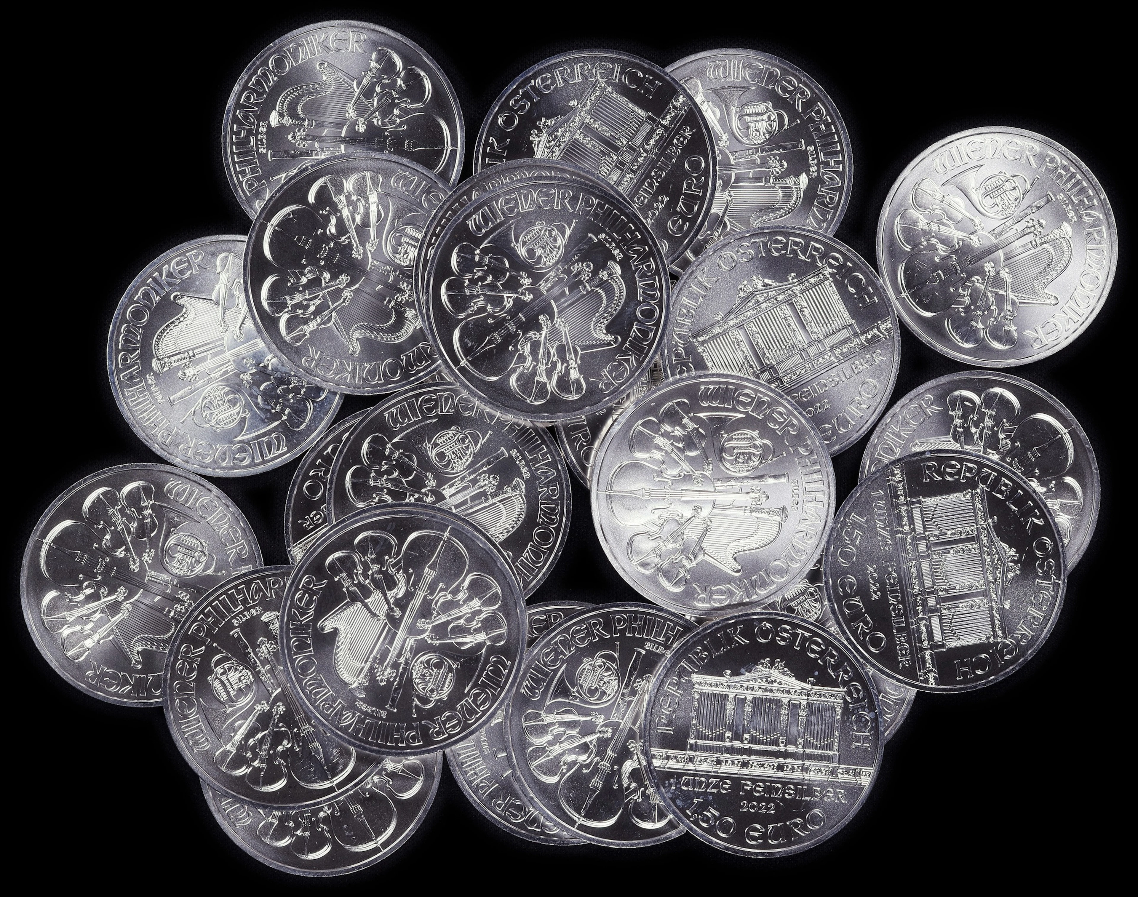 (25 oz, 777.6 g ASW). Austria. Lot of (25) 2022 1 oz Silver Philharmonics.