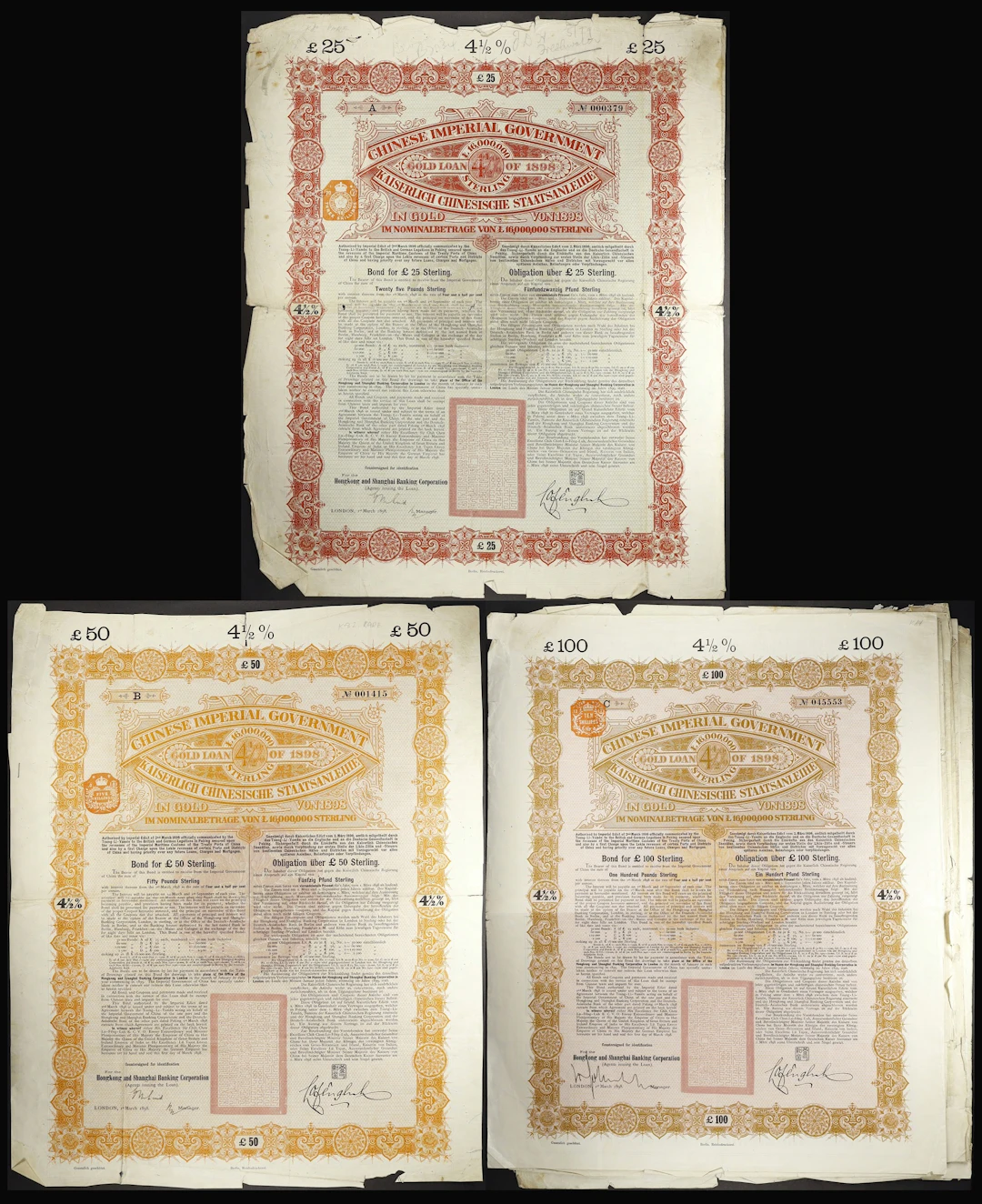CHINA--EMPIRE. Lot of (8). 1898 4 1/2% Chinese Imperial Government