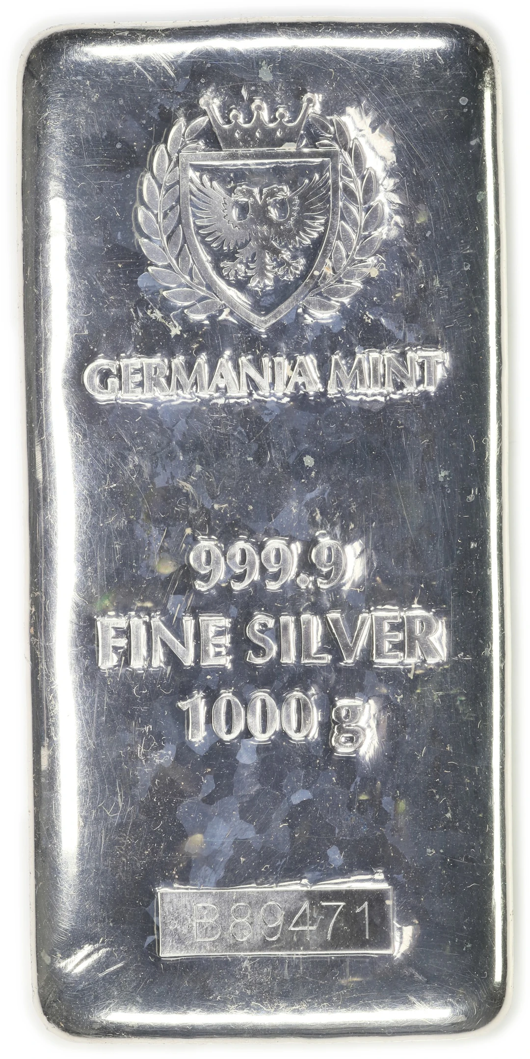 (32.151 oz, 1000 g ASW). Germania Mint 1 Kilo Silver Bar.