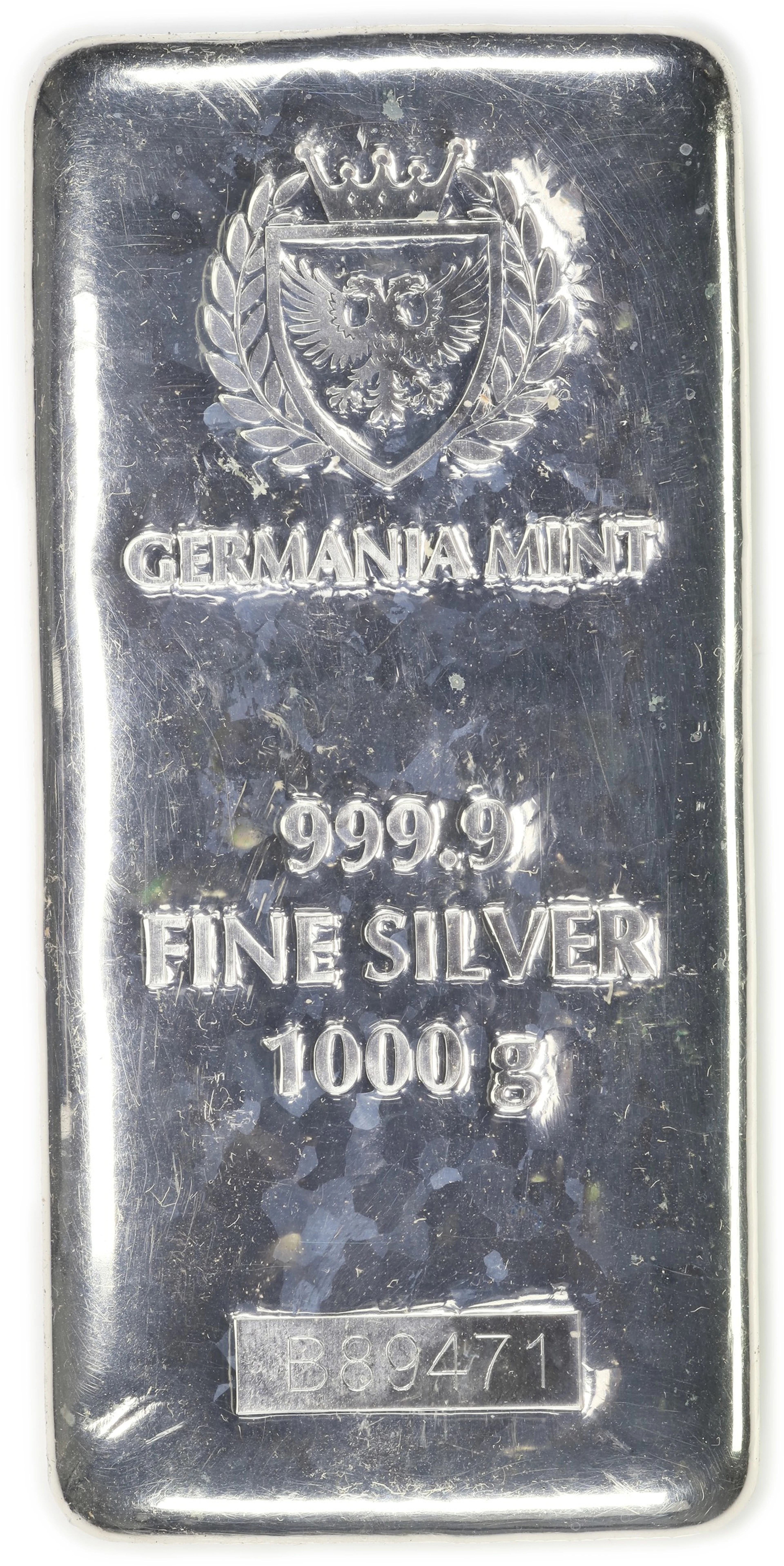 (32.151 oz, 1000 g ASW). Germania Mint 1 Kilo Silver Bar.