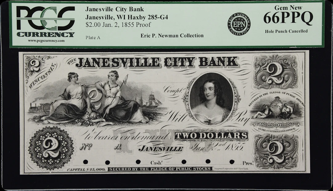 Janesville, Wisconsin. Janesville City Bank. 1855 $2. PCGS Currency