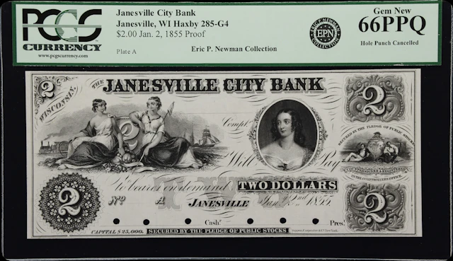 Janesville, Wisconsin. Janesville City Bank. 1855 $2. PCGS Currency