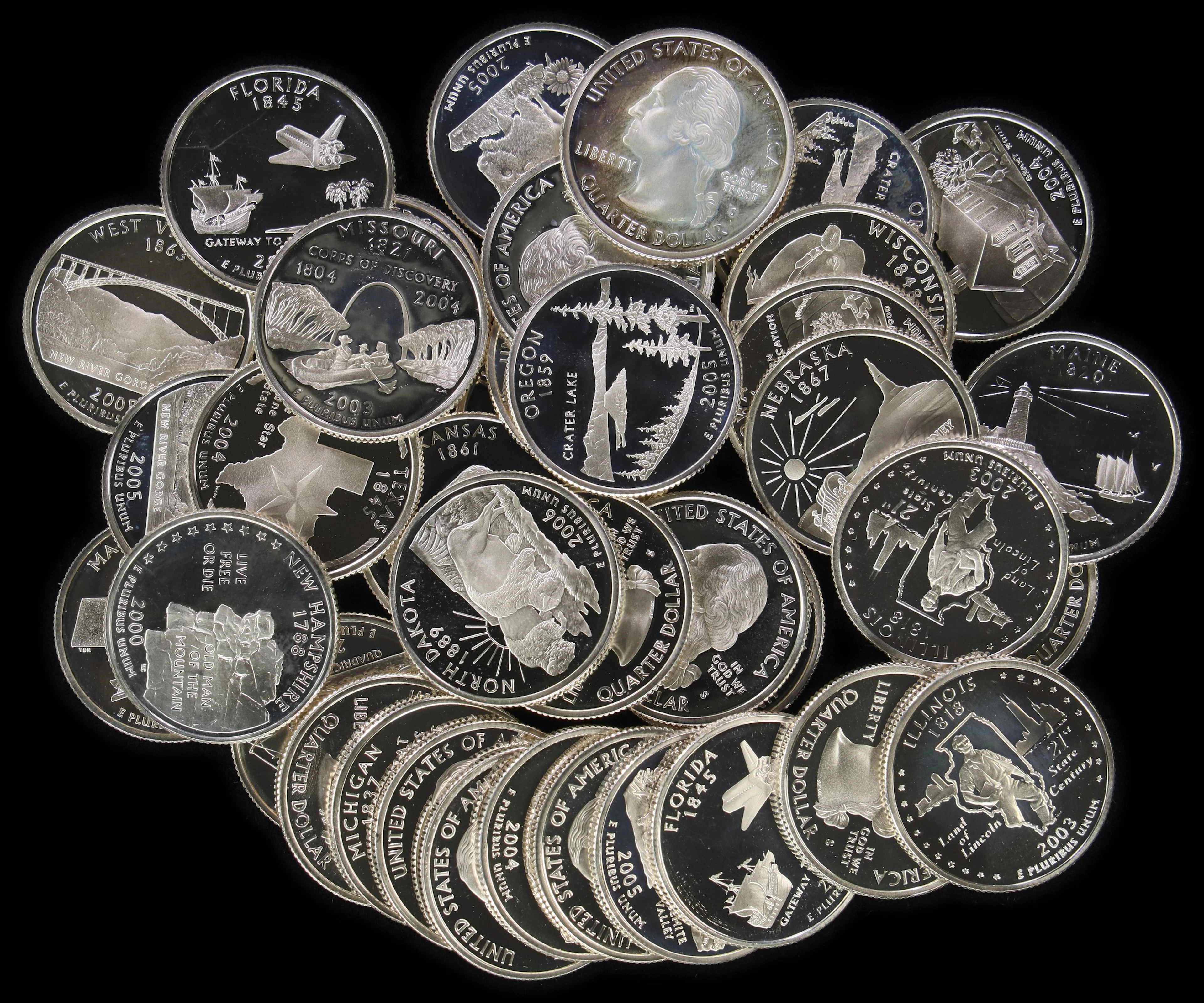 (7.24 oz, 225.193 g ASW). Lot of (40) Mixed Date and Assorted State