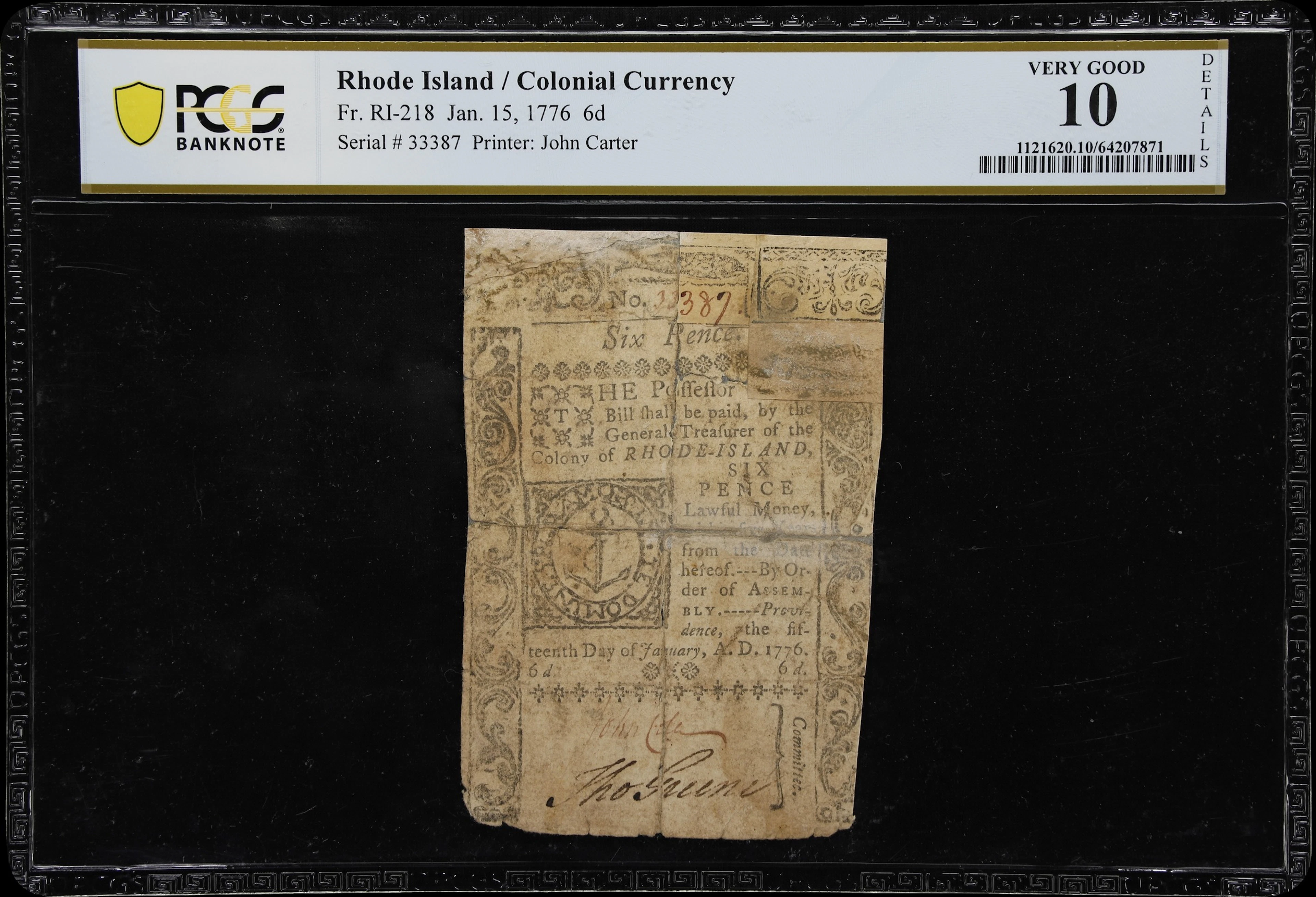 RI-218. Rhode Island. January 15, 1776. 6 Pence. PCGS Banknote Very
