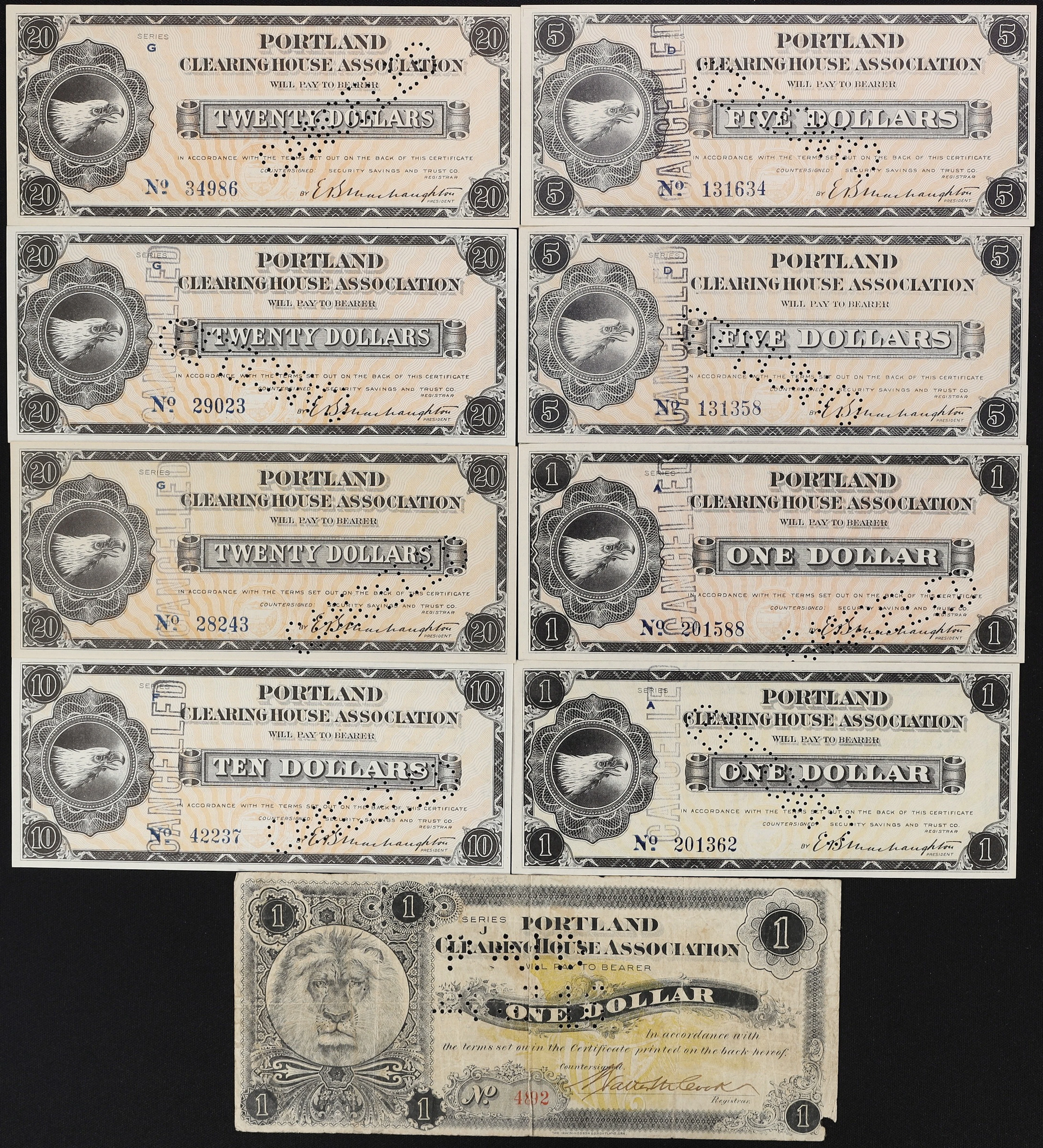 Lot of (9) Portland, Oregon. Portland Clearing House Association.