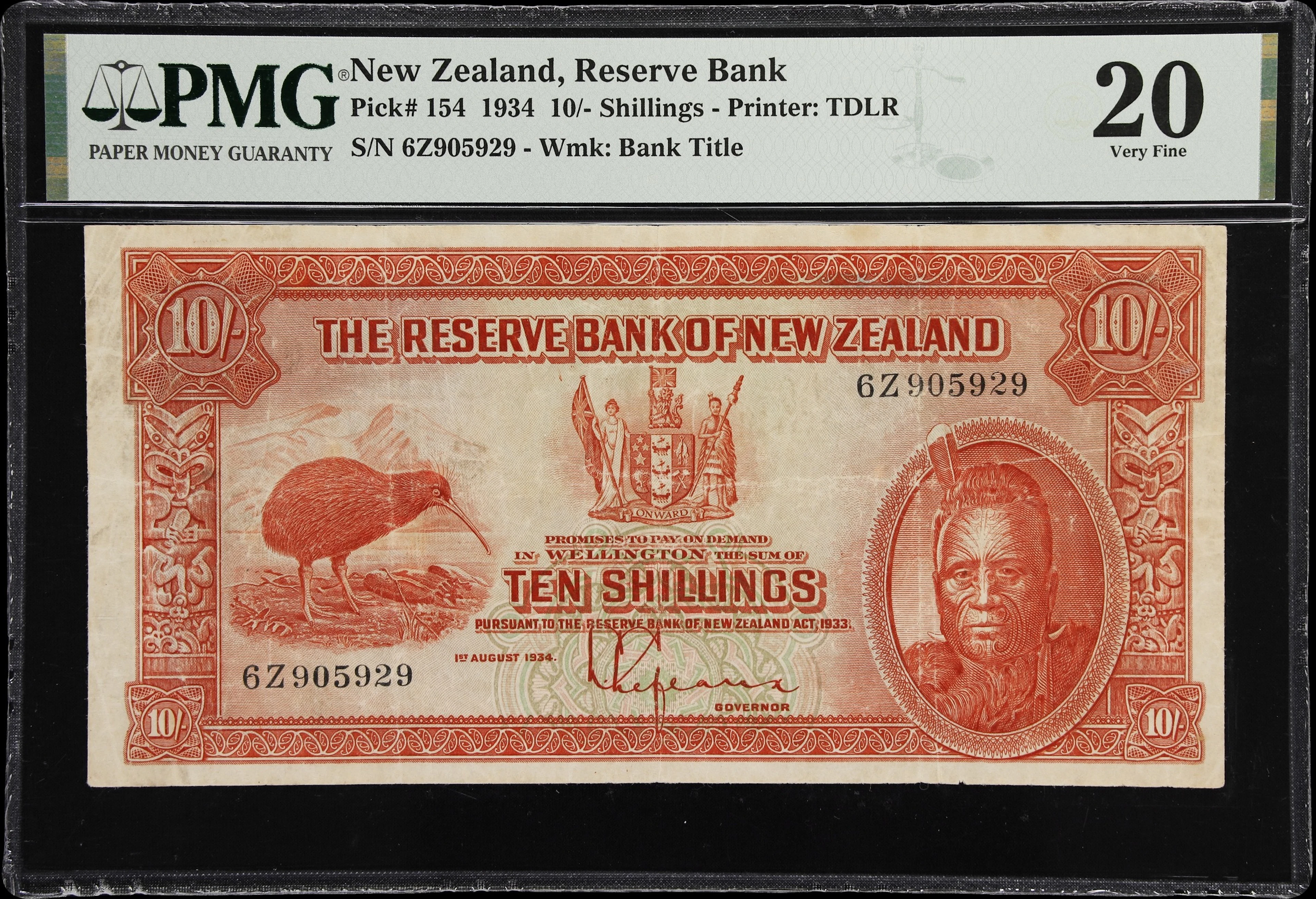 NEW ZEALAND. Reserve Bank of New Zealand. 10 Shillings, 1.8.1934.
