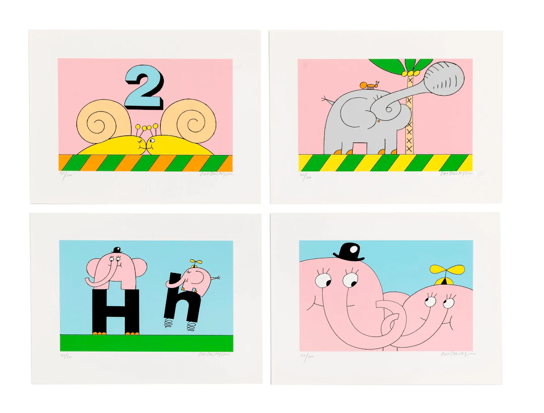 Portfölj innehållande serigrafierna; Puss!, Fanfar, Hej å hå!, Liten
