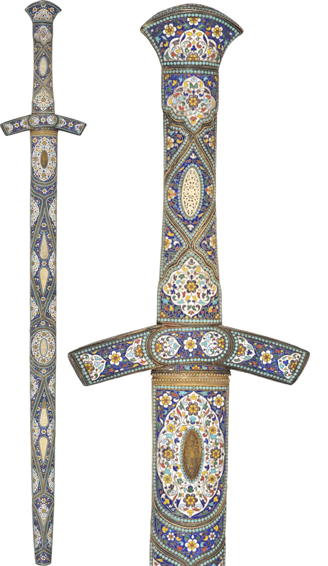 Monumental Kubachi Silver and Enamel Two-Handed Sword Dagestan, Circa