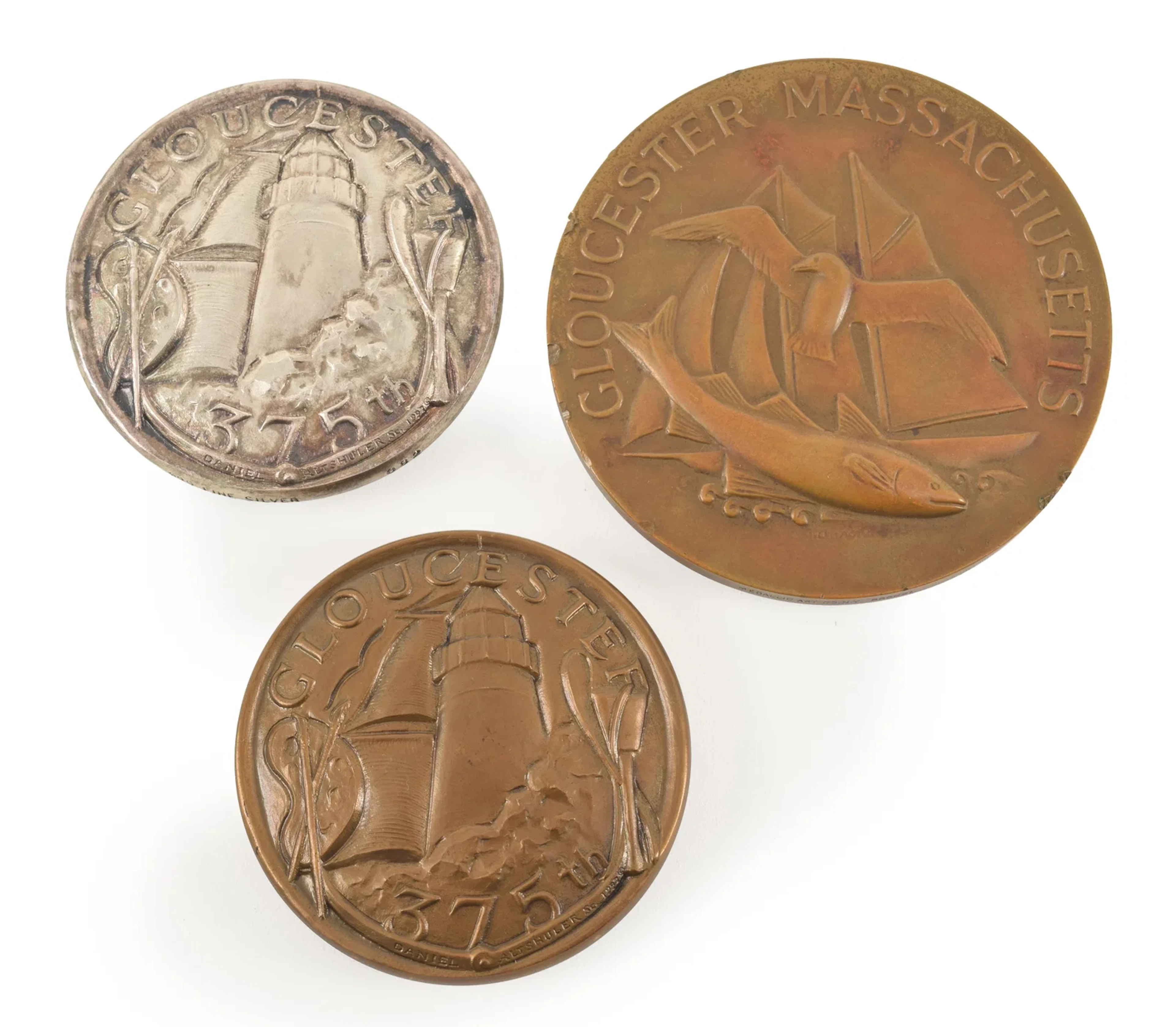 Gloucester, Mass. interest. Lot of 3 medallions together with a swordfish